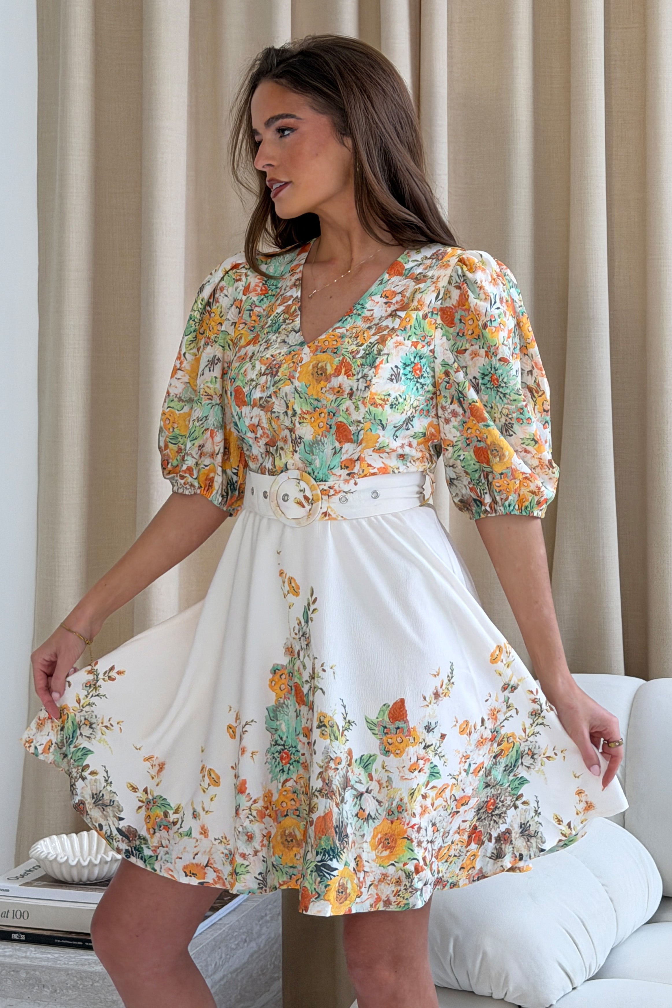 Azelia Puff Sleeve V Neck Mini Dress Yellow Floral