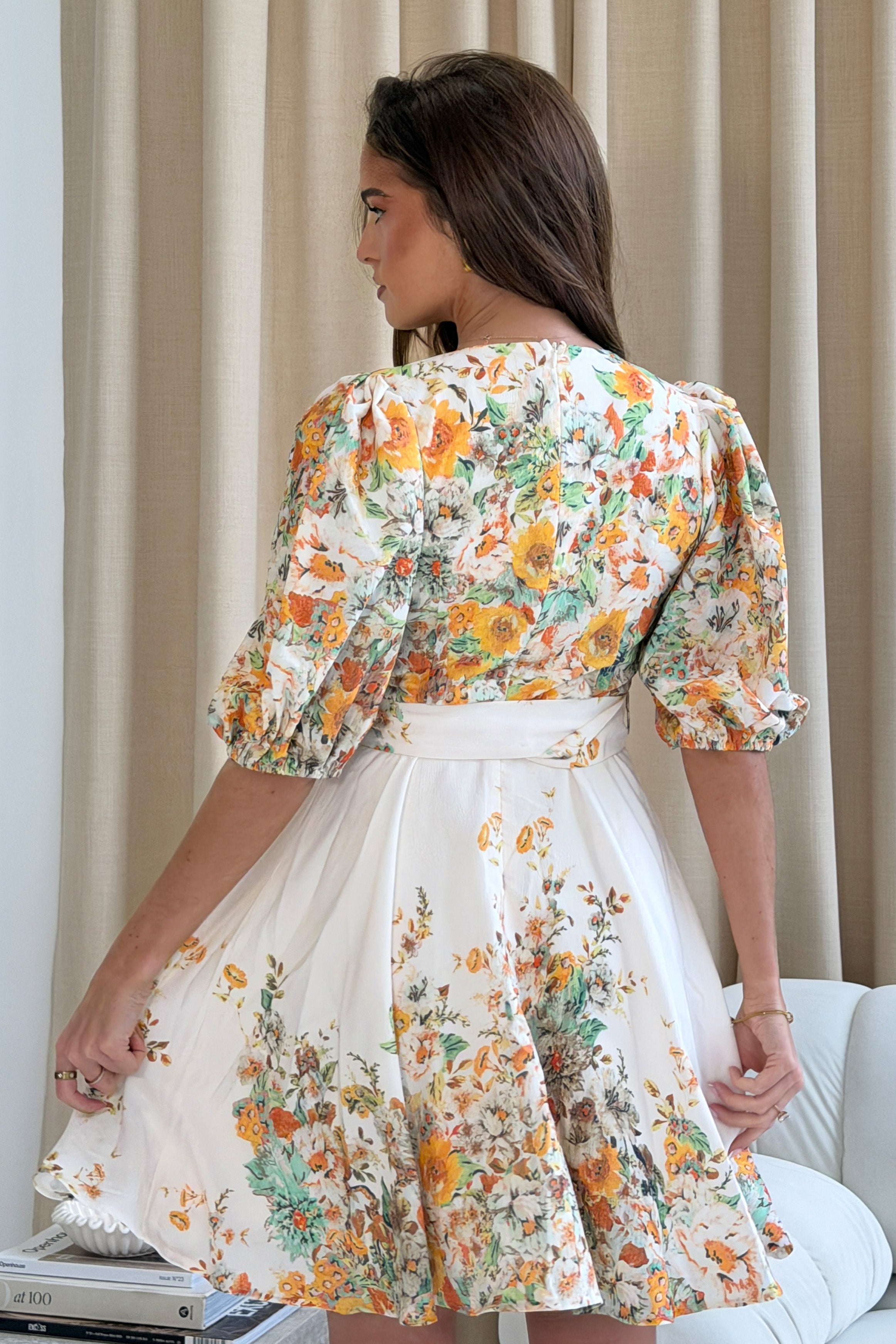 Azelia Puff Sleeve V Neck Mini Dress Yellow Floral