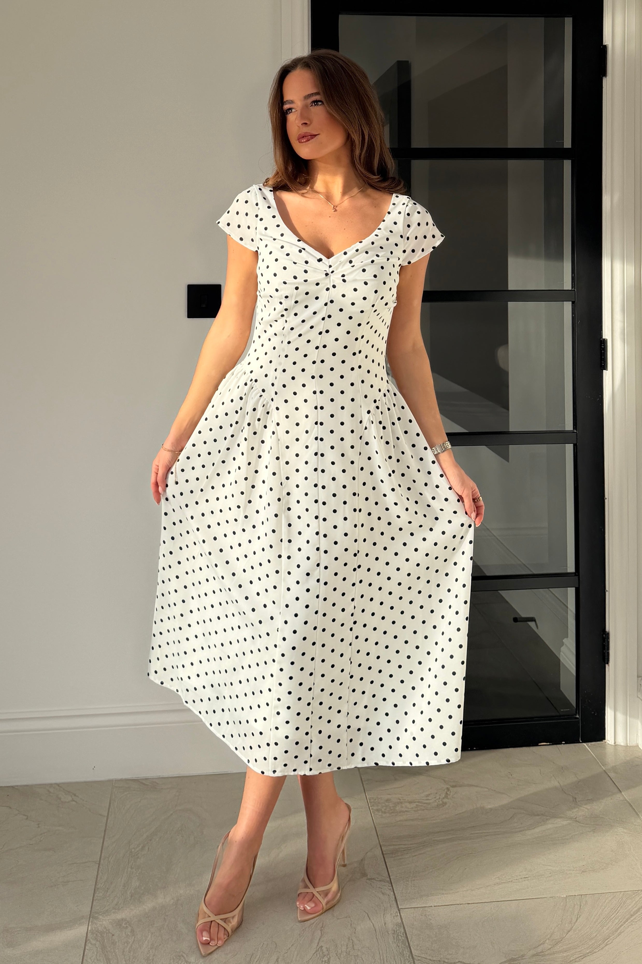 Ebby Pleated Bust Strappy Midi Dress White Spot