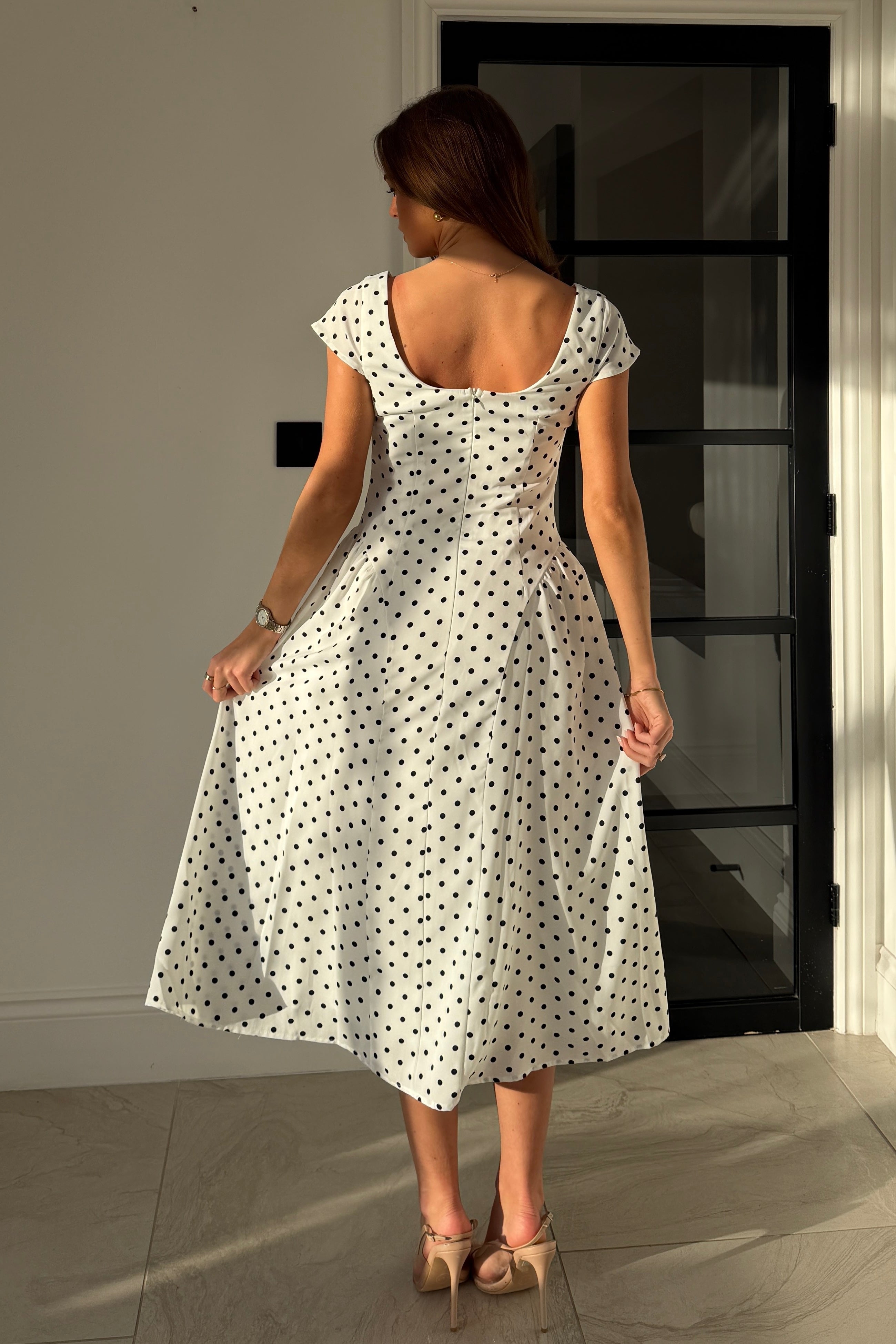 Ebby Pleated Bust Strappy Midi Dress White Spot