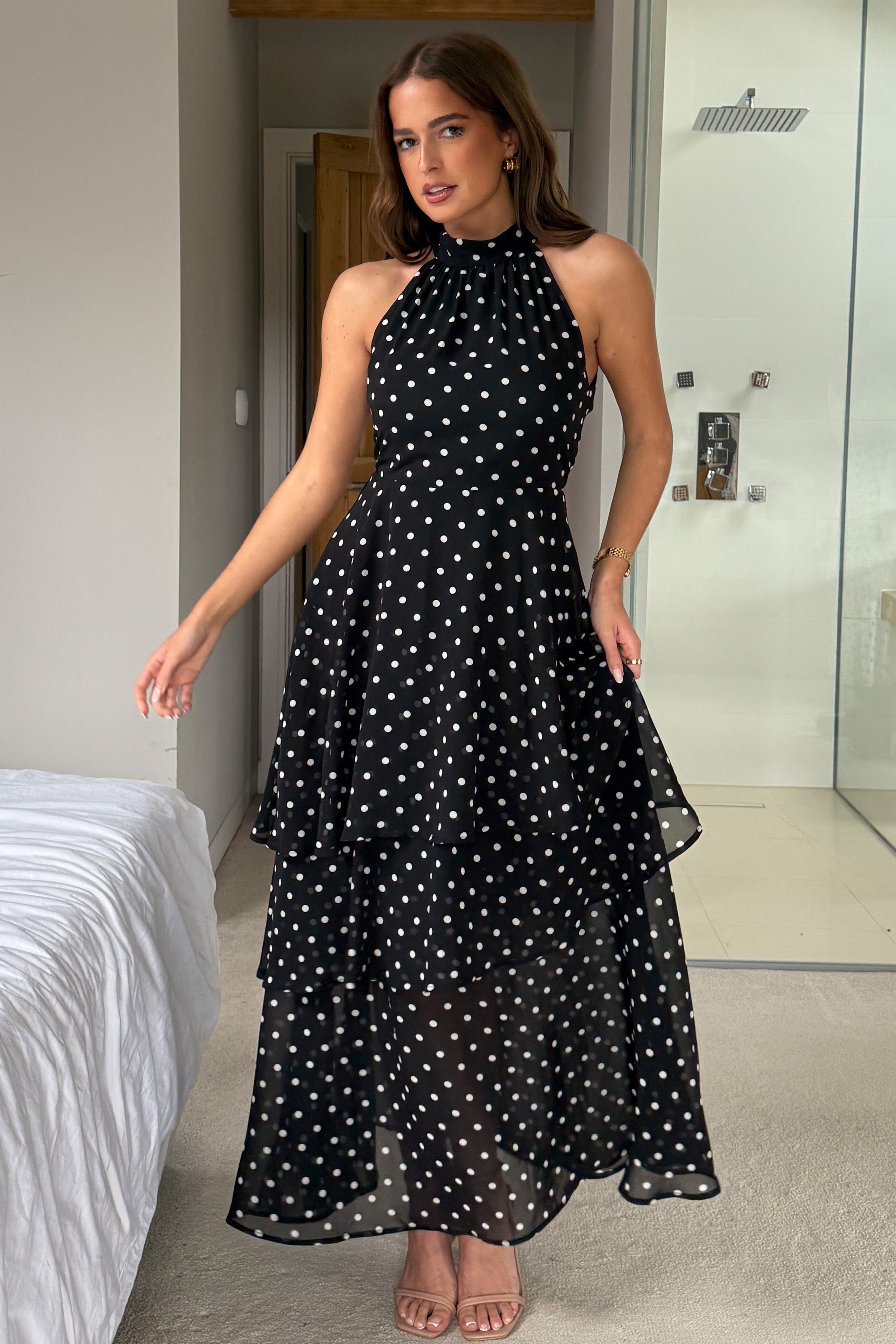 Iris Halterneck Layered Maxi Dress Black Spot Print