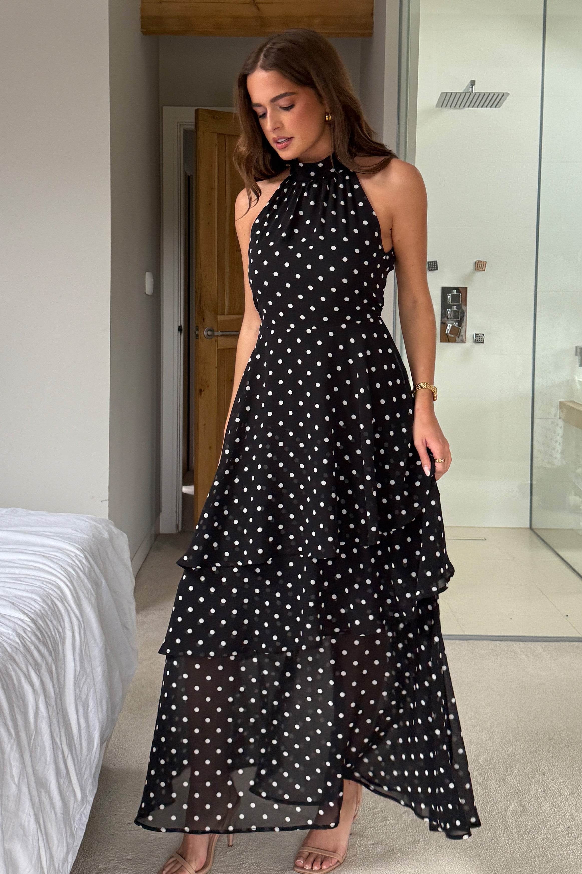 Iris Halterneck Layered Maxi Dress Black Spot Print