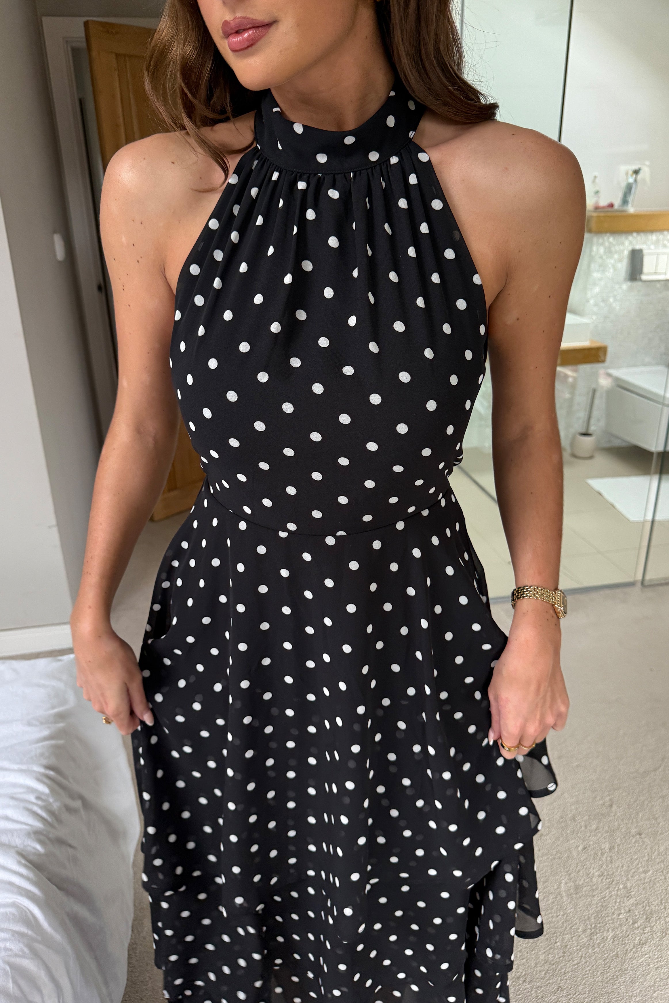 Iris Halterneck Layered Maxi Dress Black Spot Print