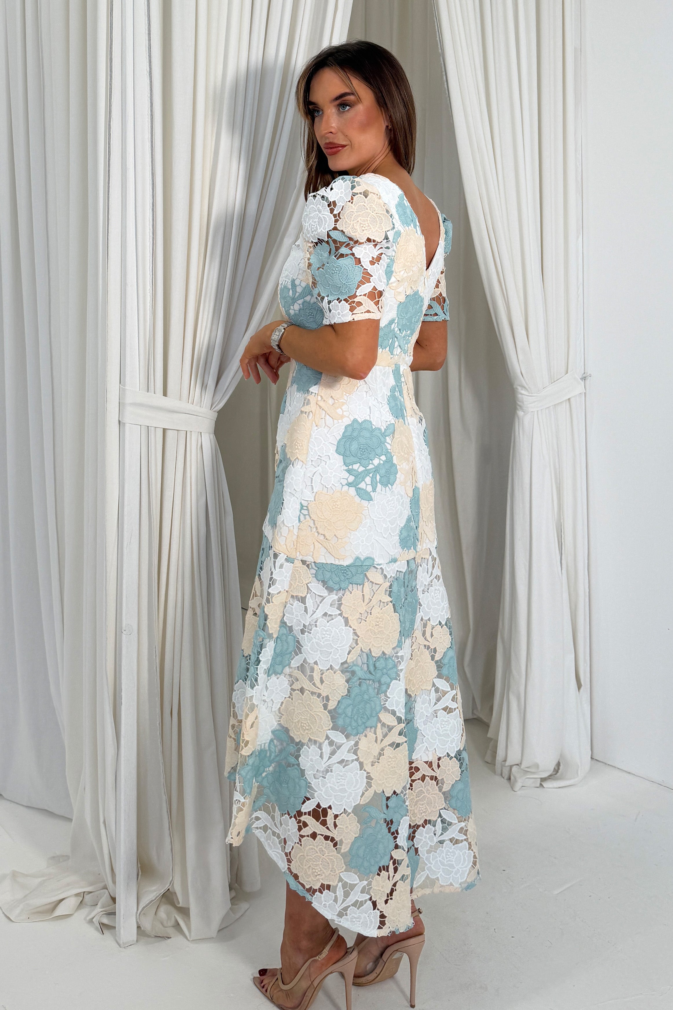 Myrtle V Neck A Line Floral Pastel Lace Midi Dress