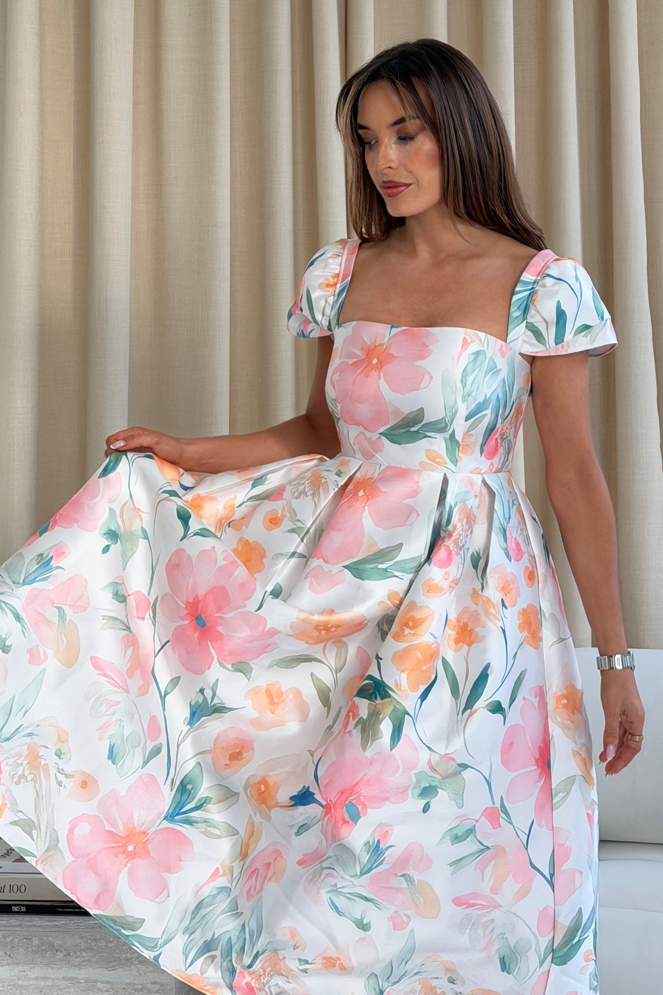 Prim Cap Sleeve Pastel Floral Midi Dress