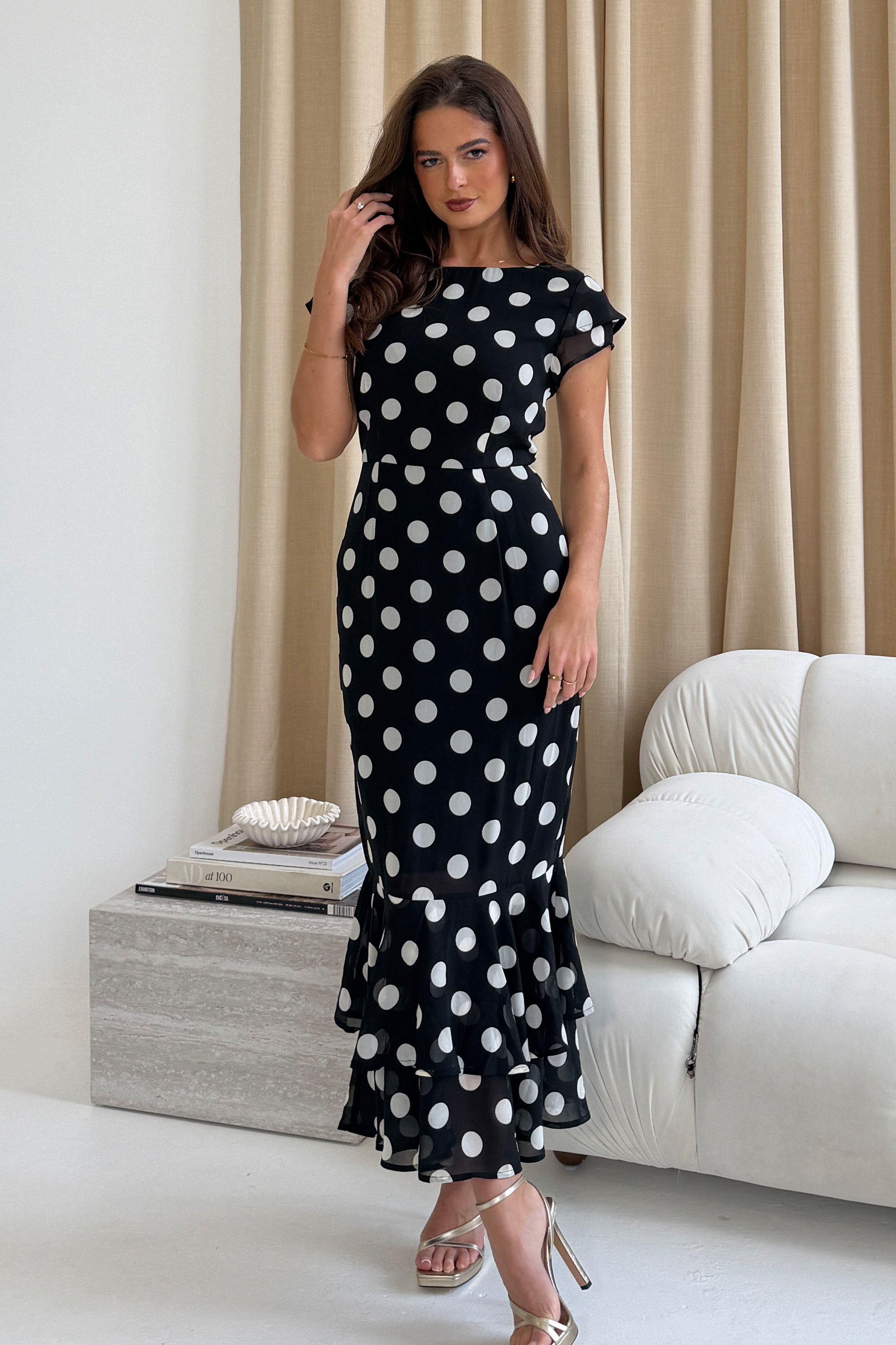 Roxy Boat Neck Frill Midi Black Spot