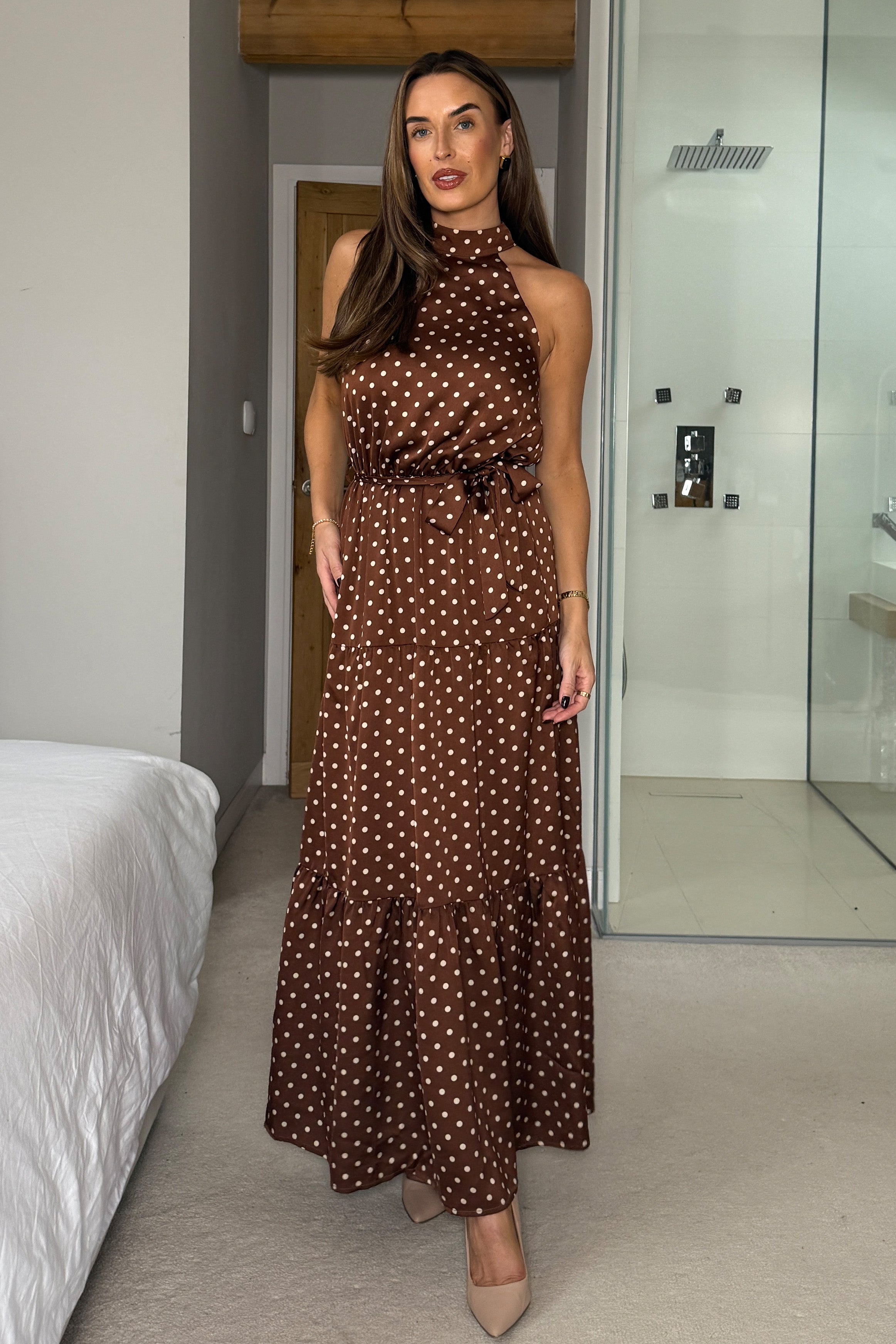 Zaynab Halterneck Tiered Maxi Dress Brown Spot