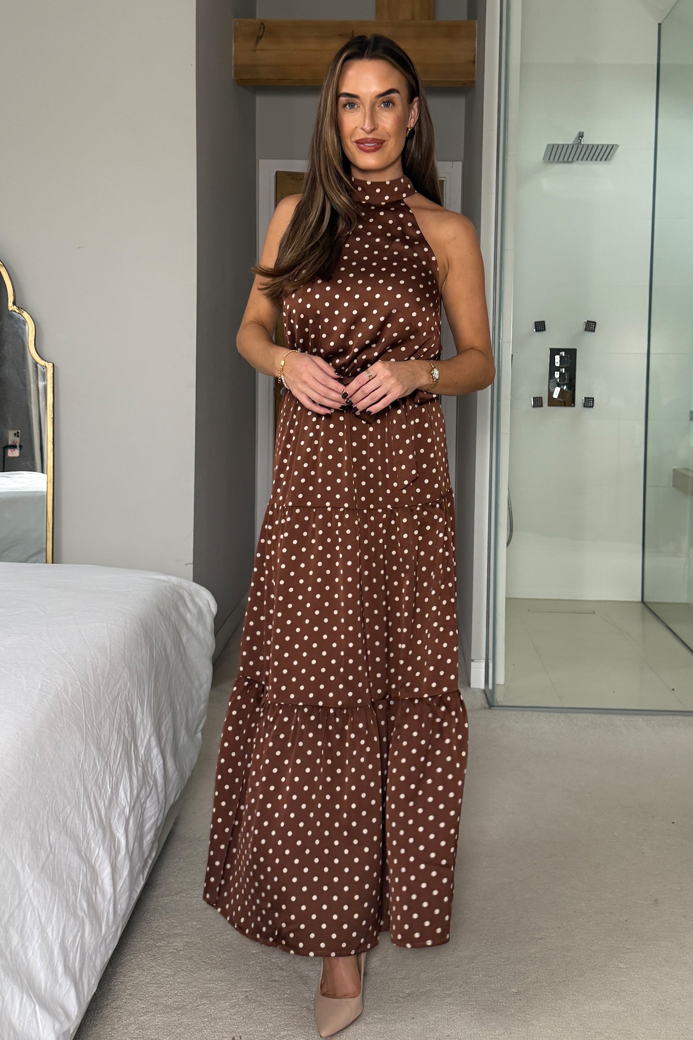 Zaynab Halterneck Tiered Maxi Dress Brown Spot