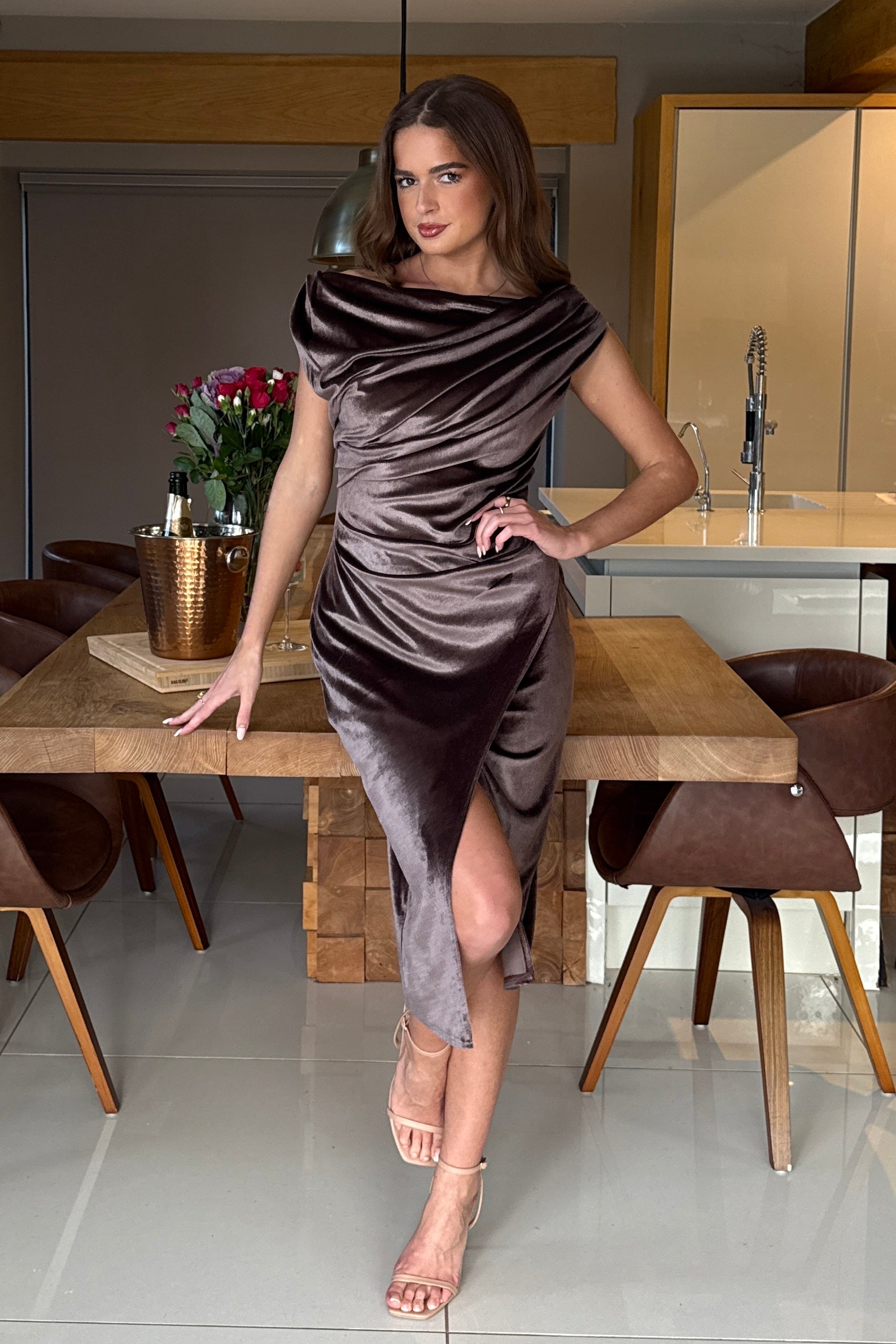 Ariana Asymmetric Chocolate Velvet Midi Dress