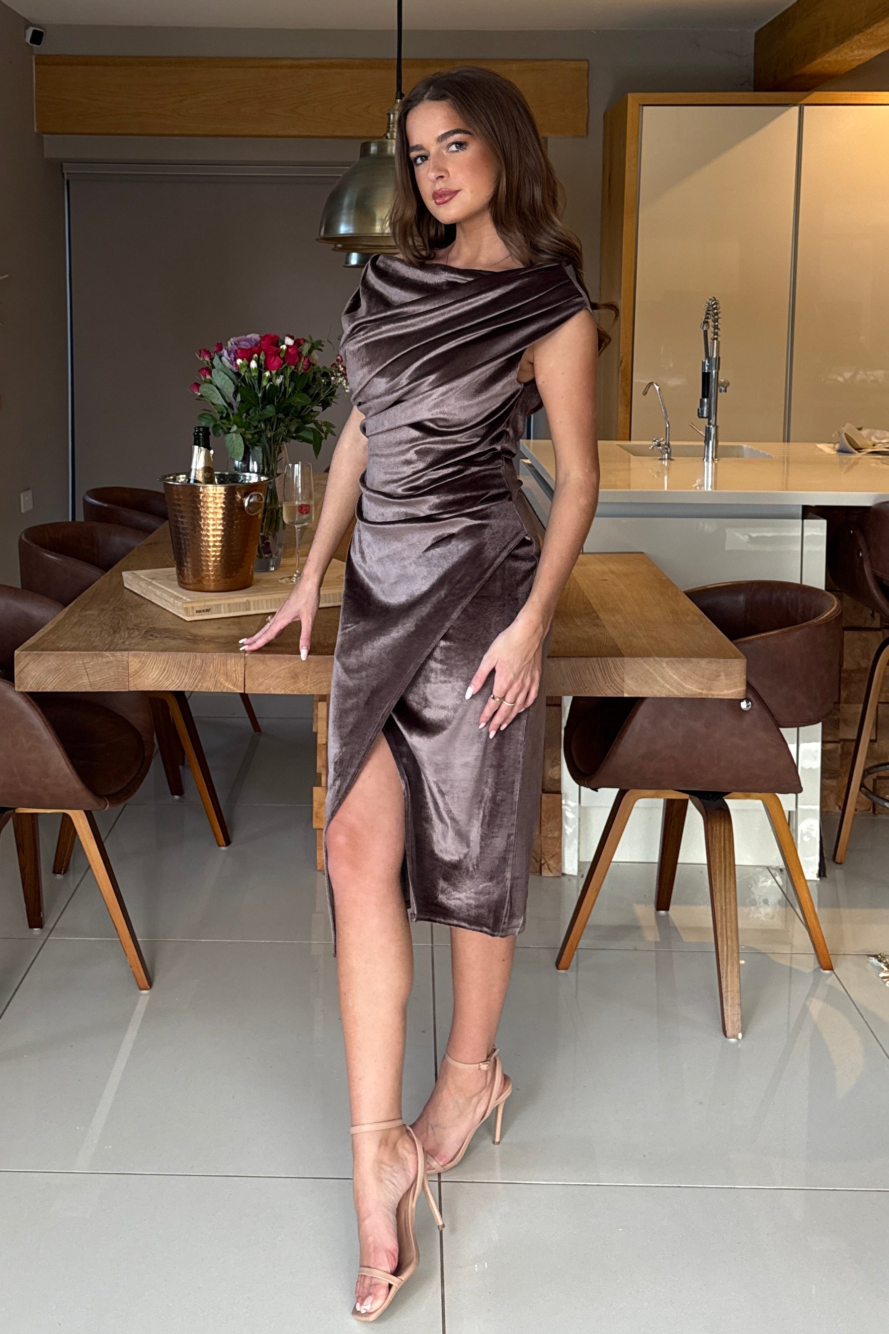 Ariana Asymmetric Chocolate Velvet Midi Dress