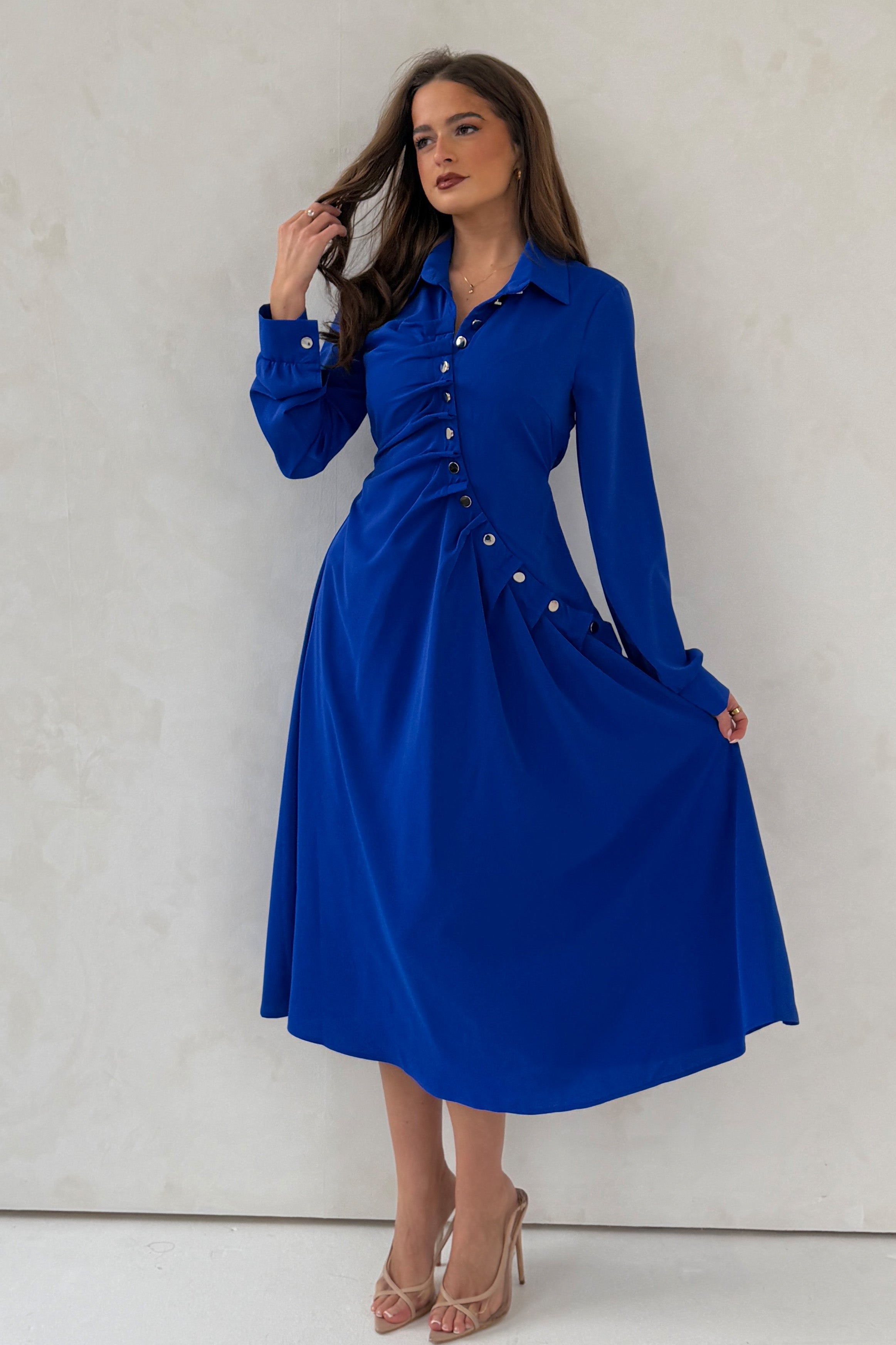 Marilyn Asymmetric Button Detail Midi dress Cobalt