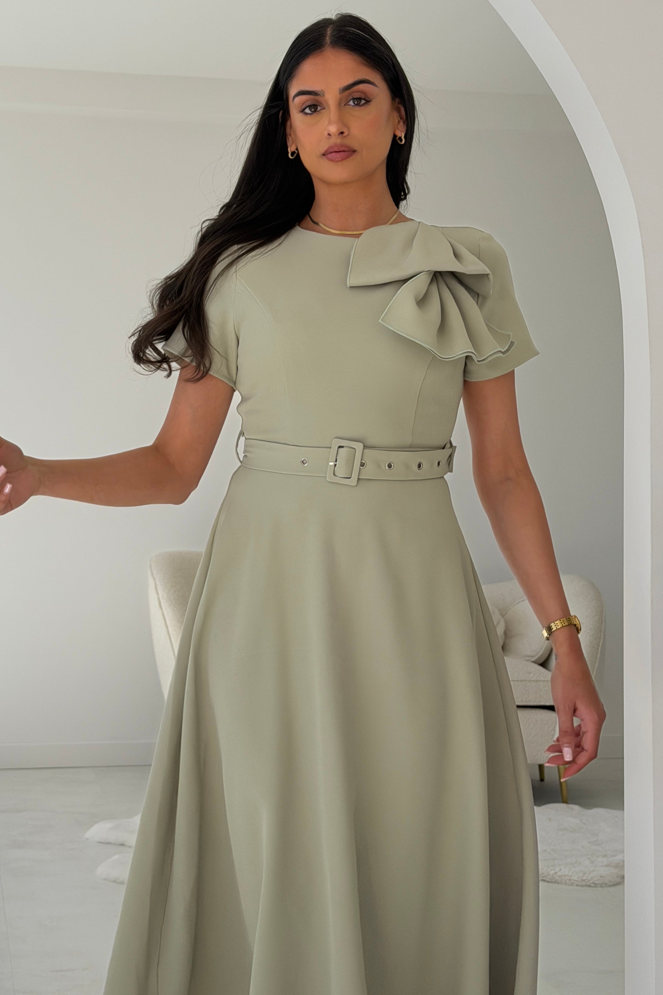 Sorelle Belted Midi Dress Sage