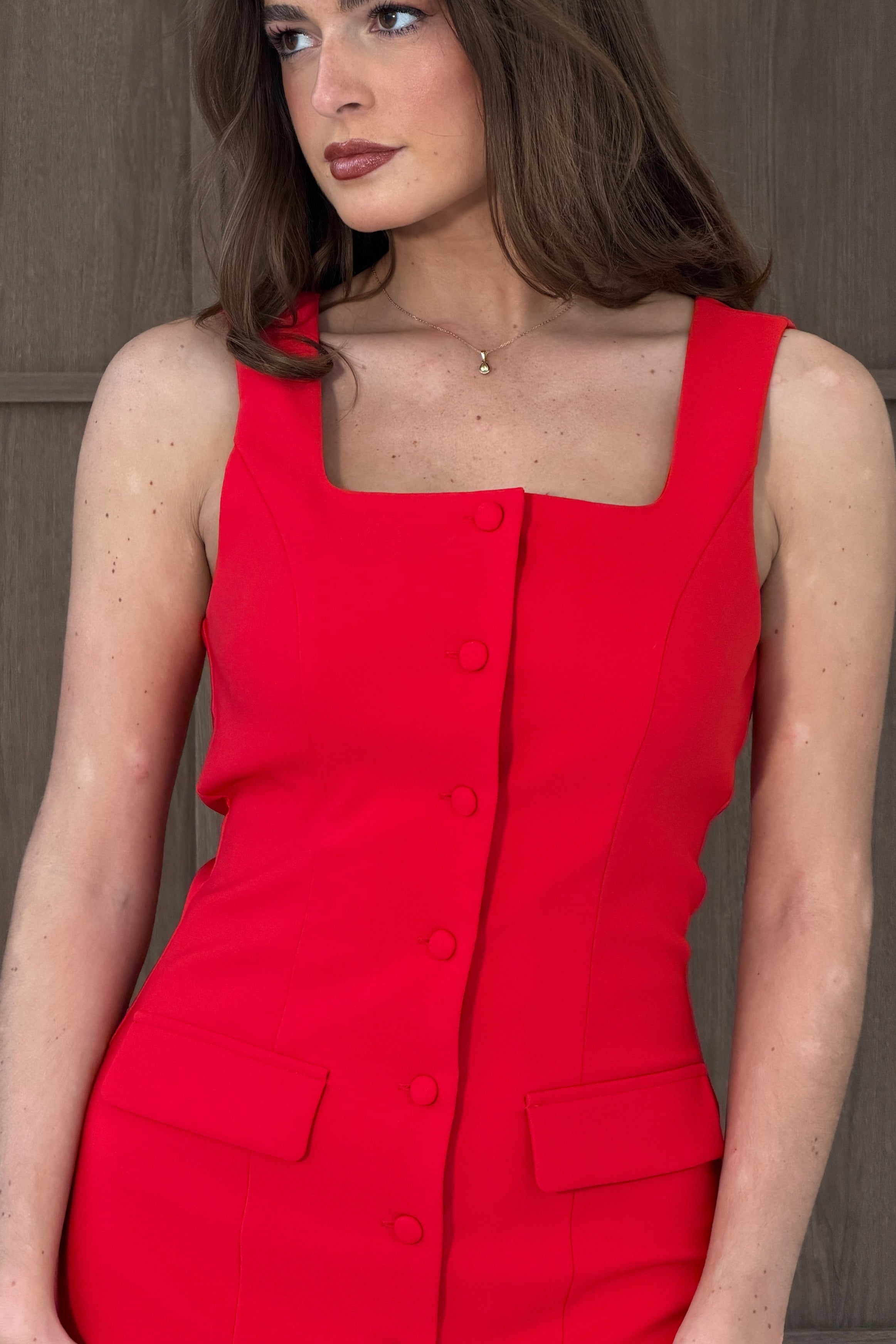 Elara Button Up Sleeveless Mini Dress Red
