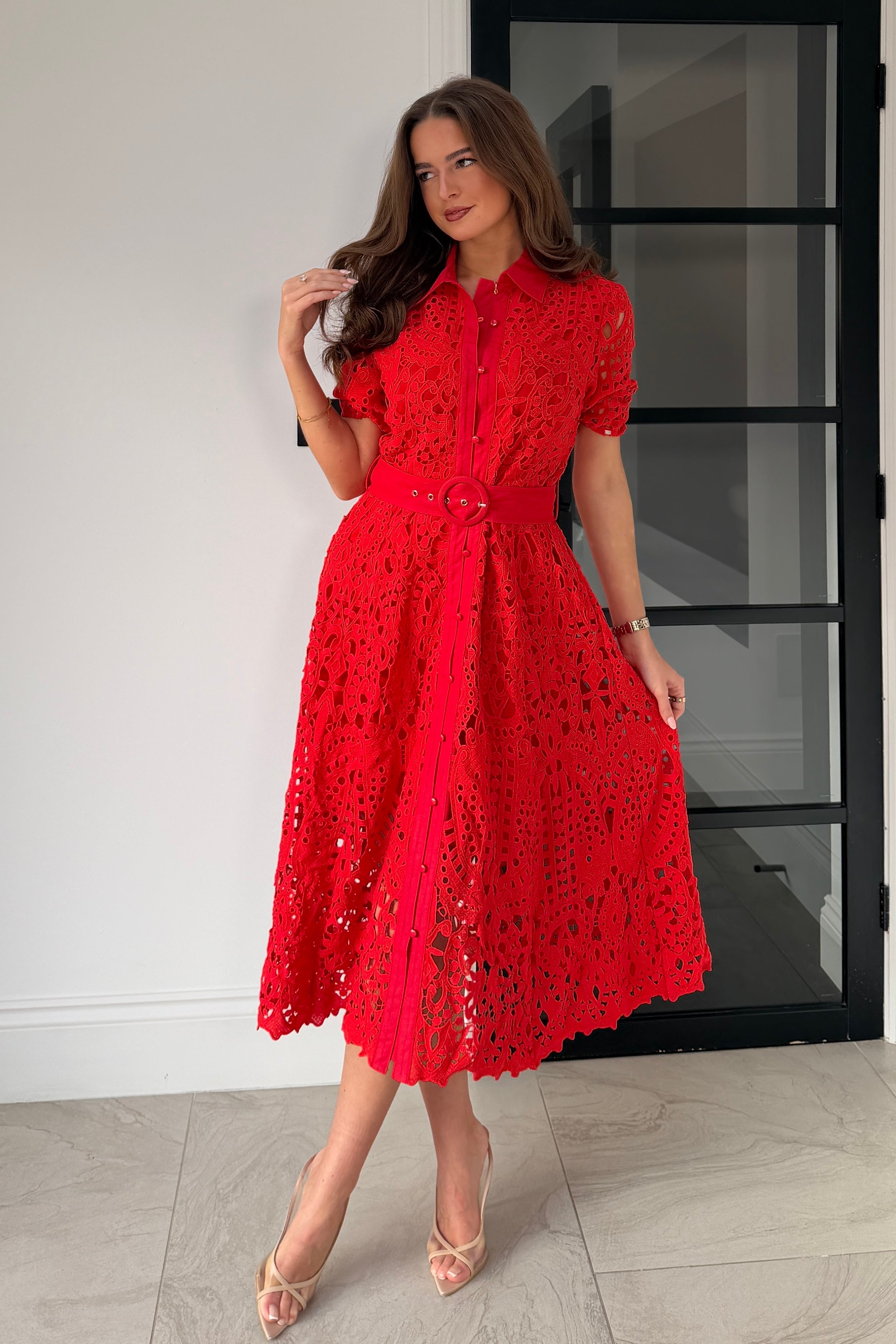 Meadow Short Sleeve Midi Dress Red