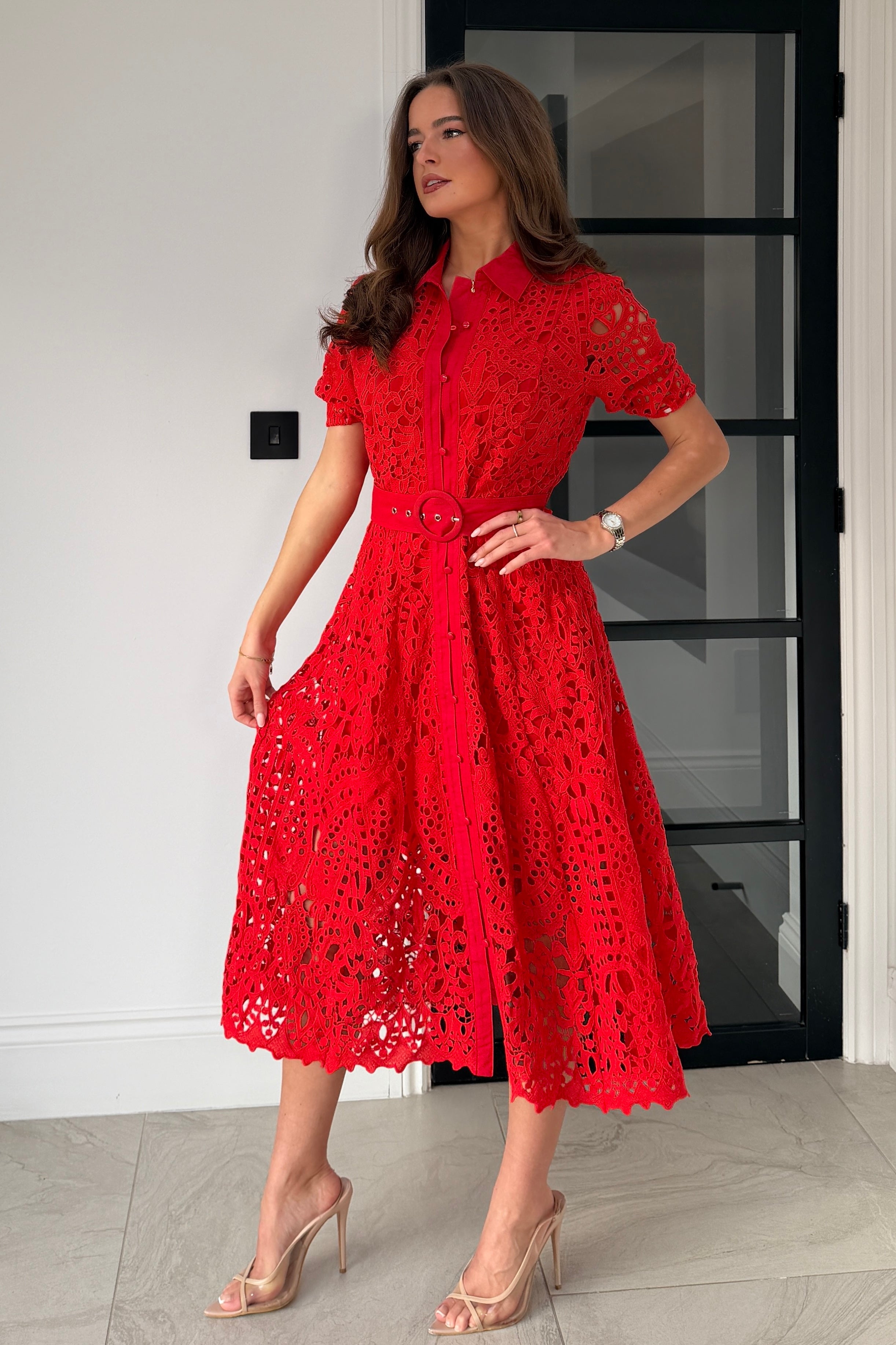 Meadow Short Sleeve Midi Dress Red