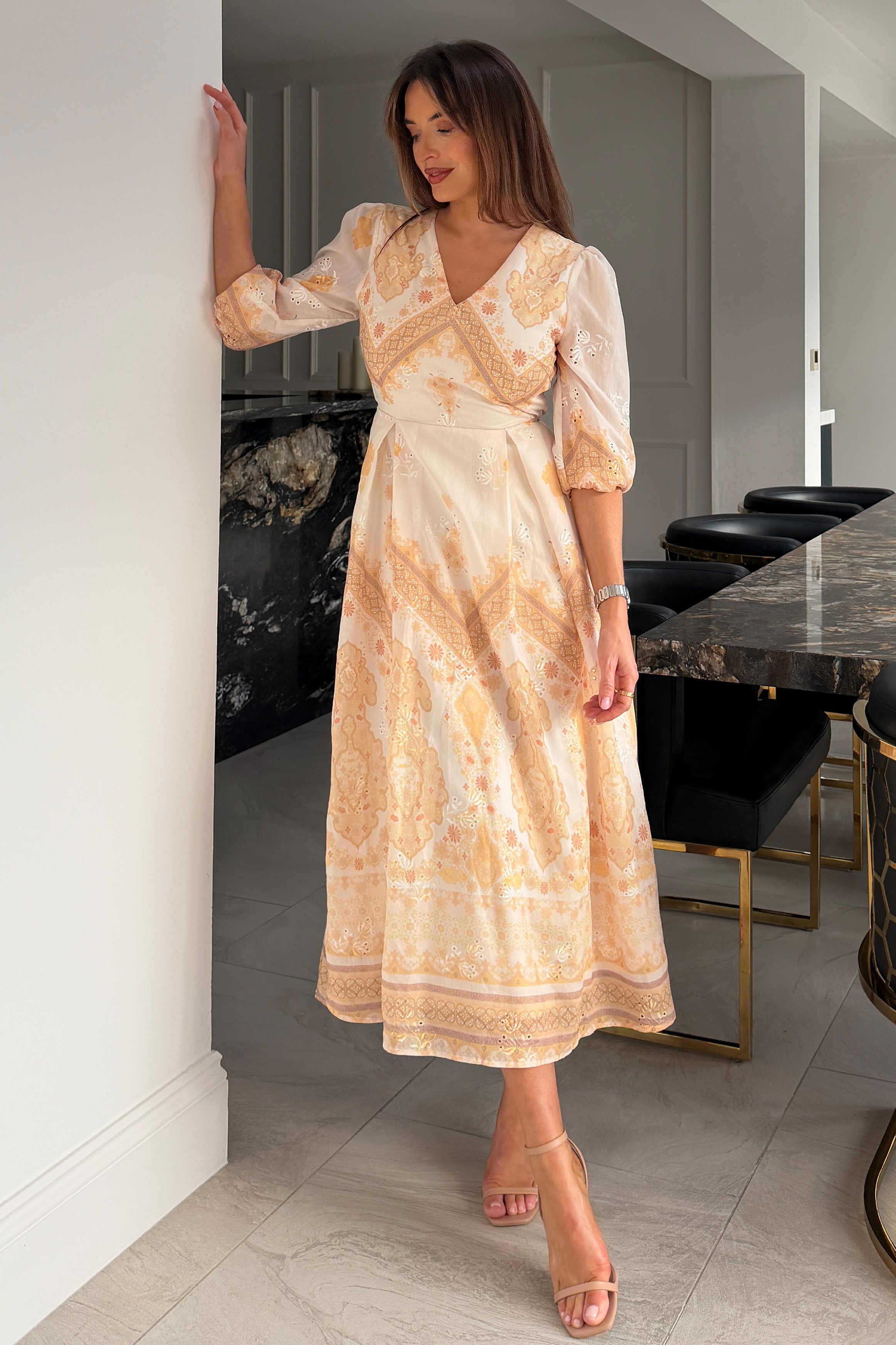 Marie V Neck Print Maxi Dress Yellow