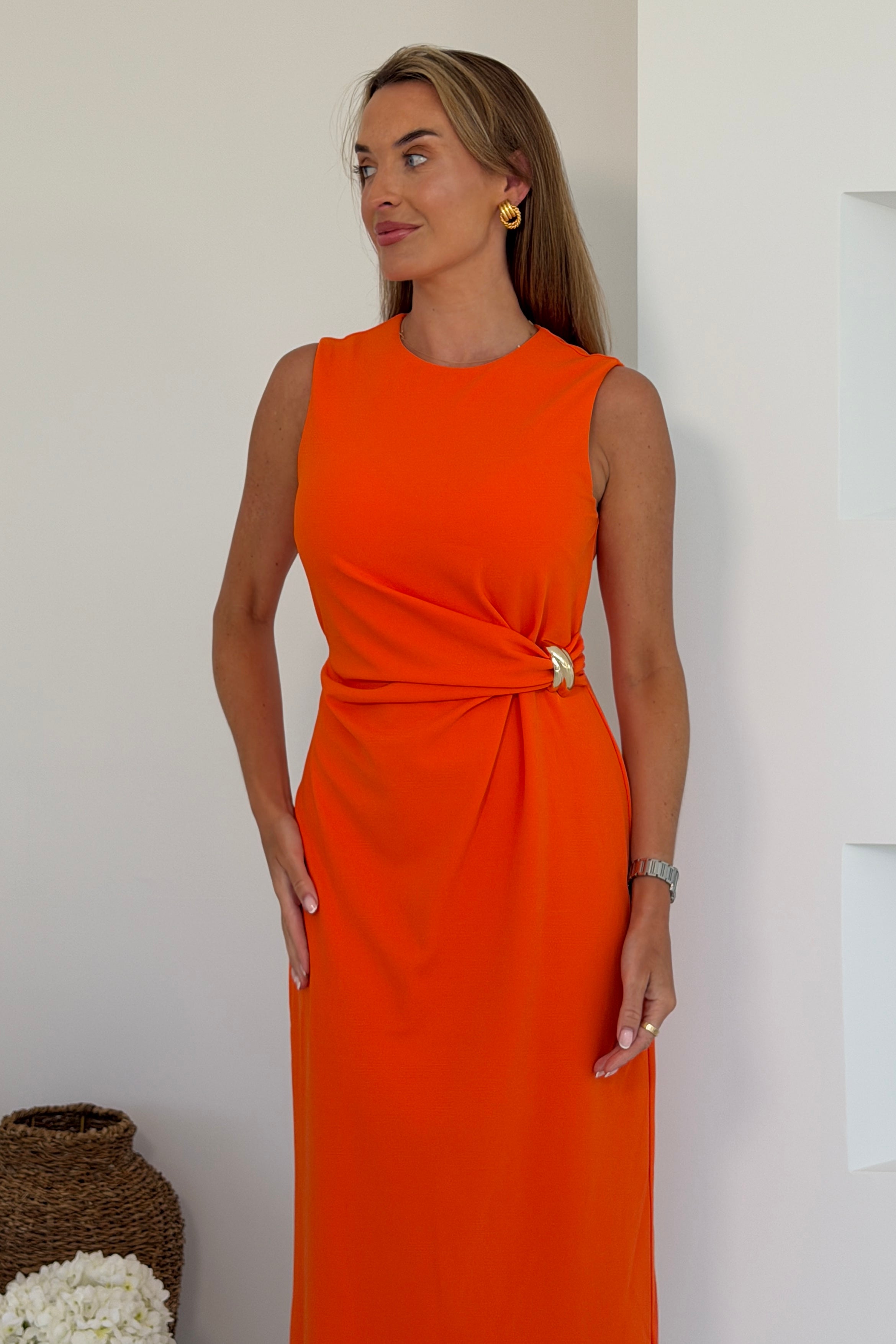 Louisa Gold Buckle Wrap detail Midi Dress Orange