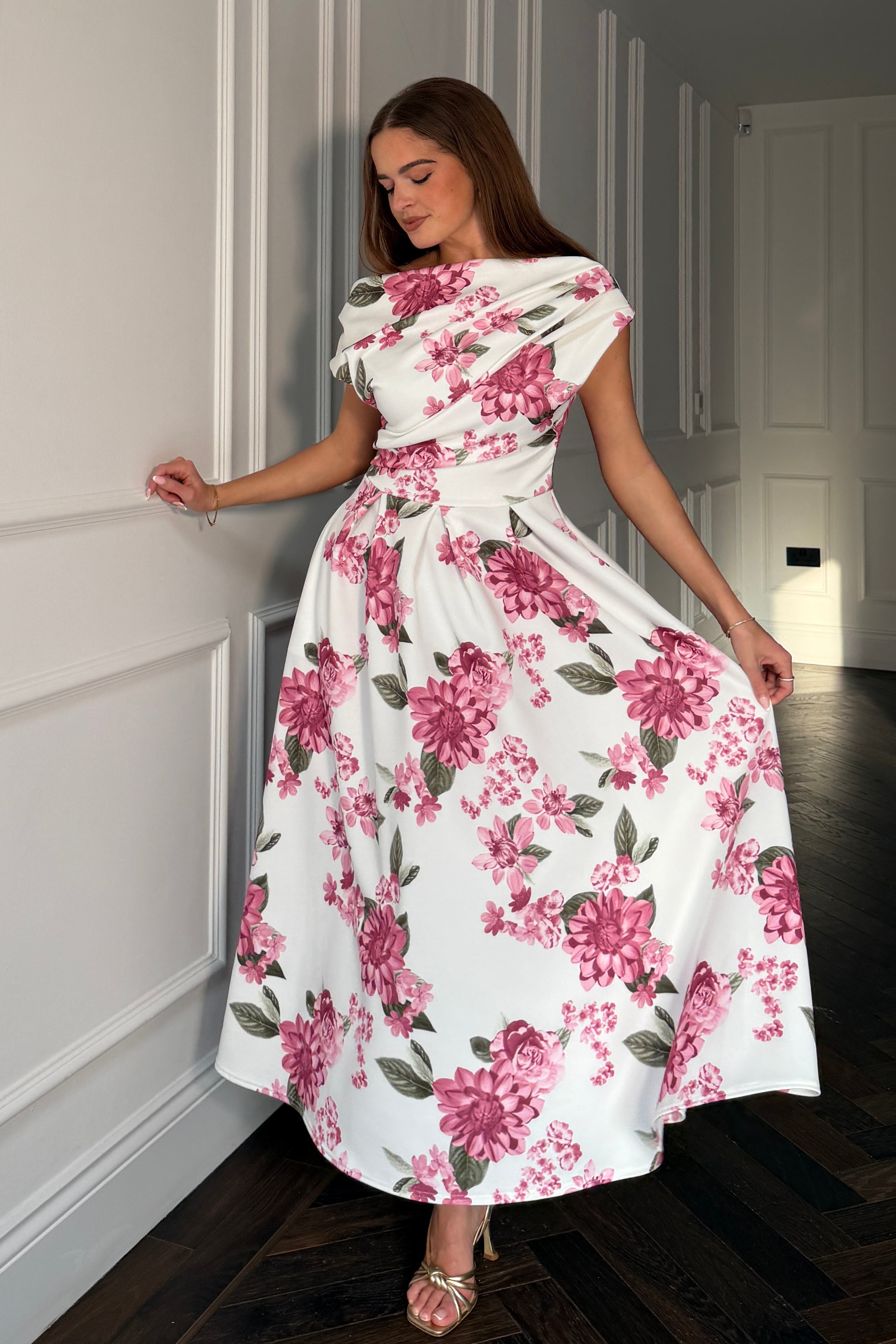 Betty Asymmetric Neckline Skater Midi  Pink Floral