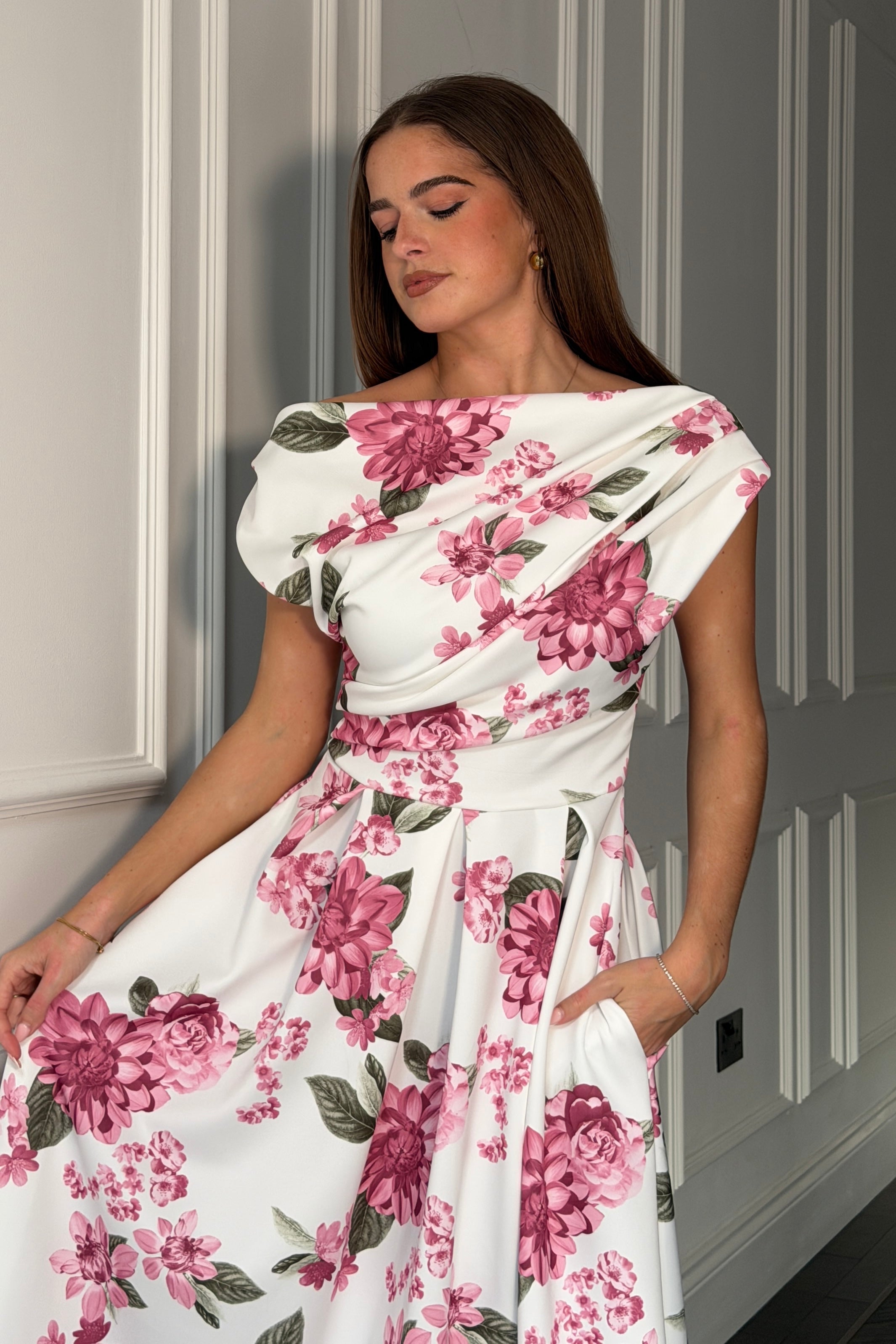 Betty Asymmetric Neckline Skater Midi  Pink Floral