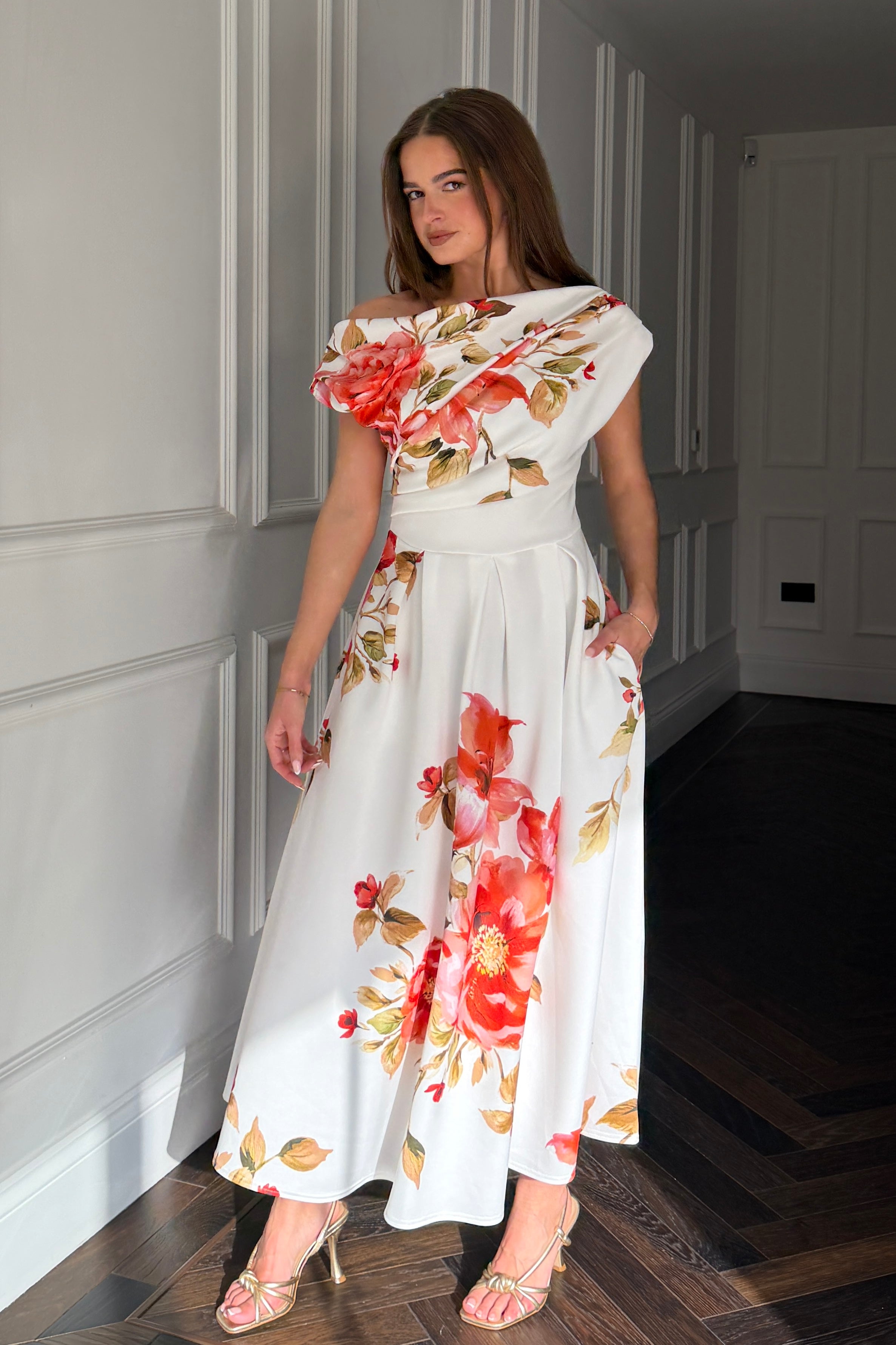 Betty Asymmetric Neckline Skater Midi  Orange Floral