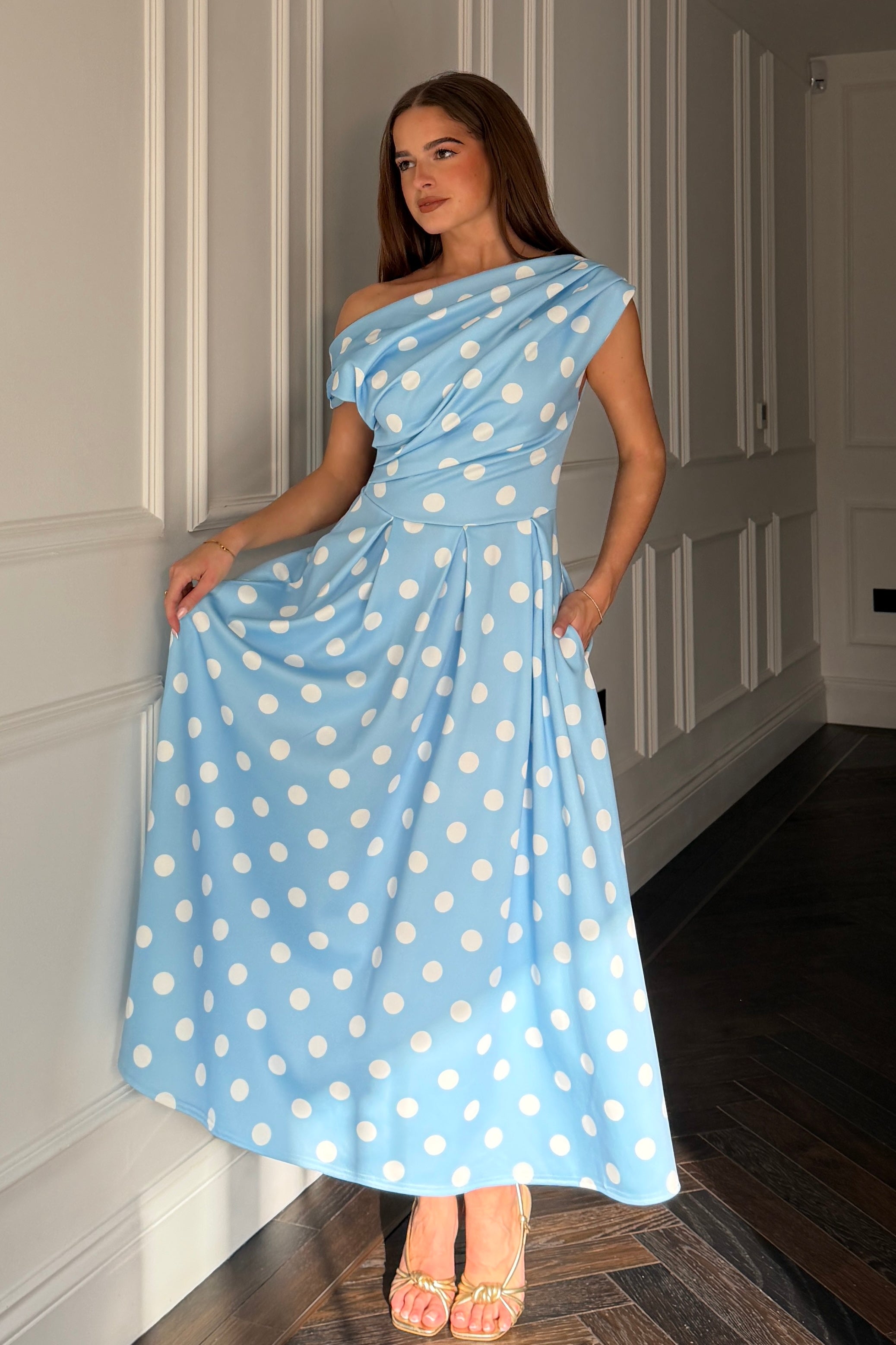 Betty Asymmetric Neckline Skater Midi  Blue Polka