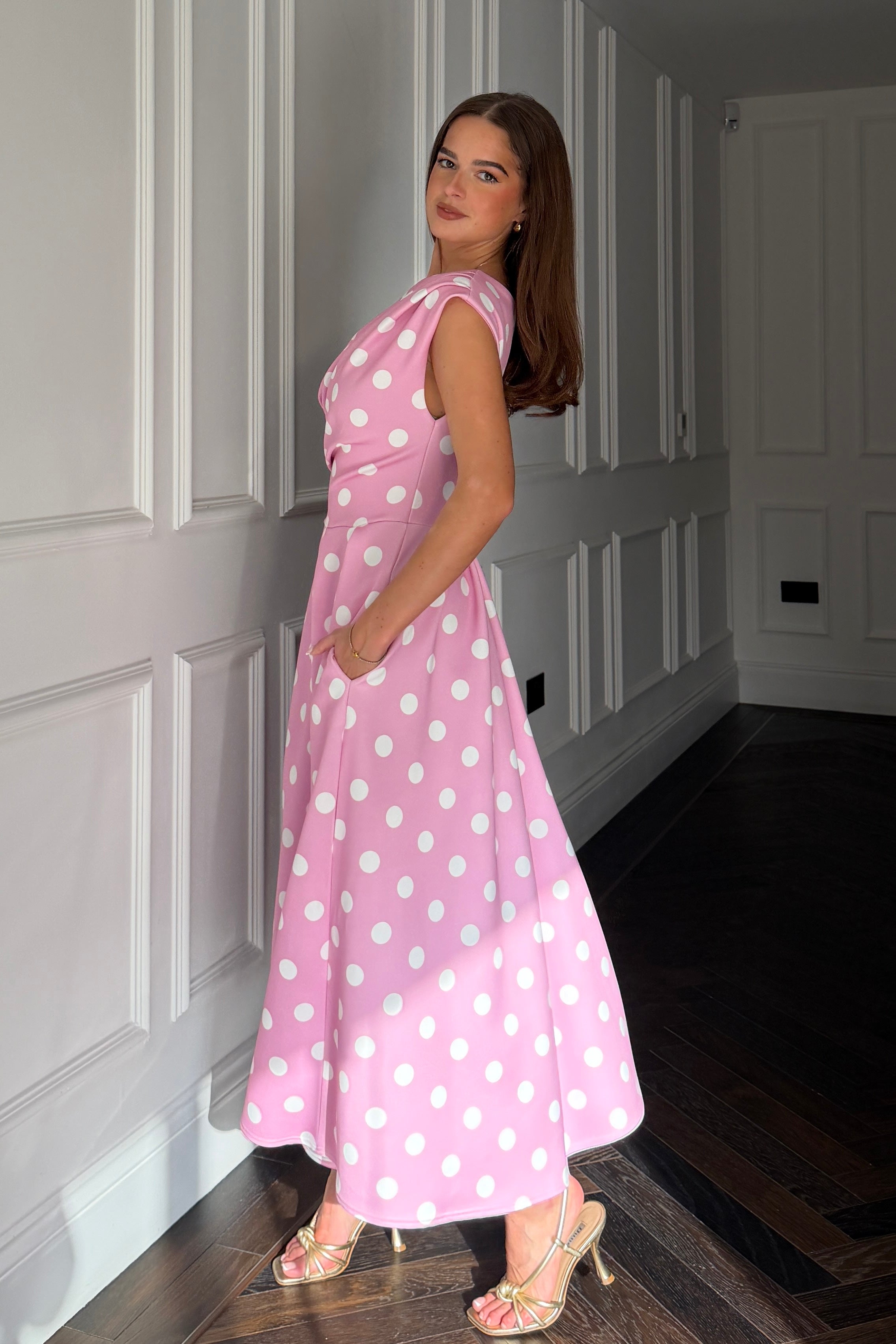 Betty Asymmetric Neckline Skater Midi  Pink Polka