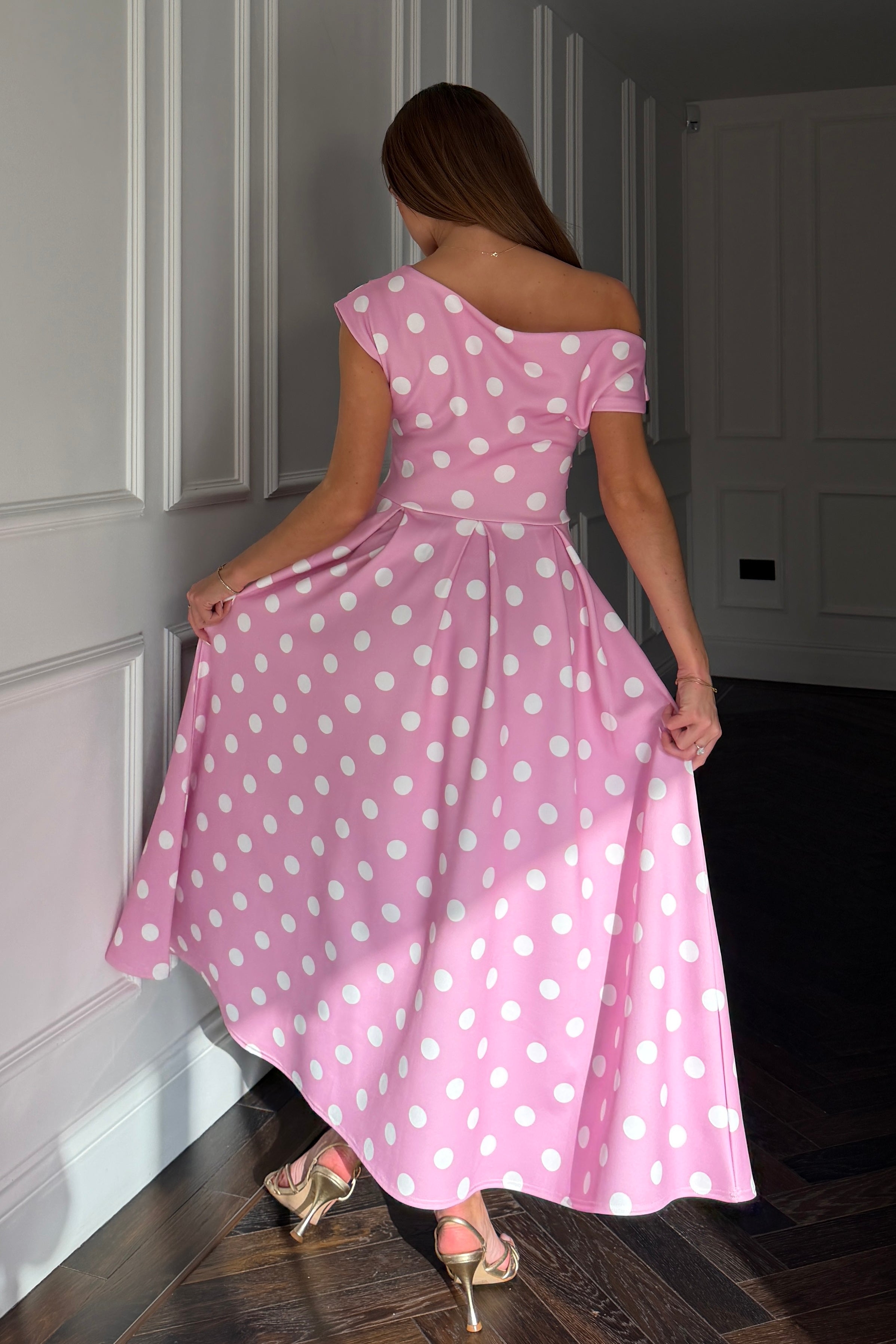 Betty Asymmetric Neckline Skater Midi  Pink Polka