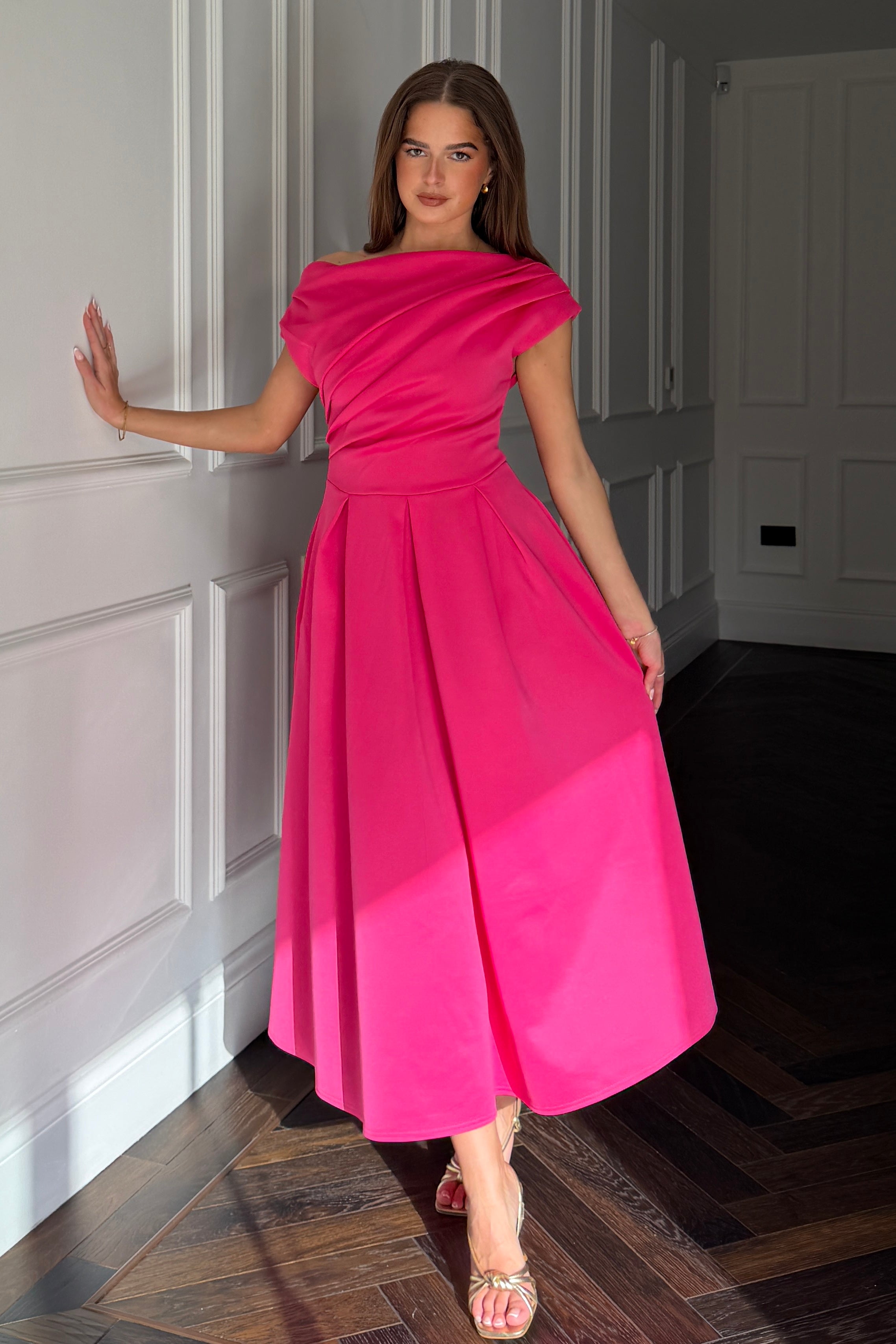Betty Asymmetric Neckline Skater Midi  Hot Pink