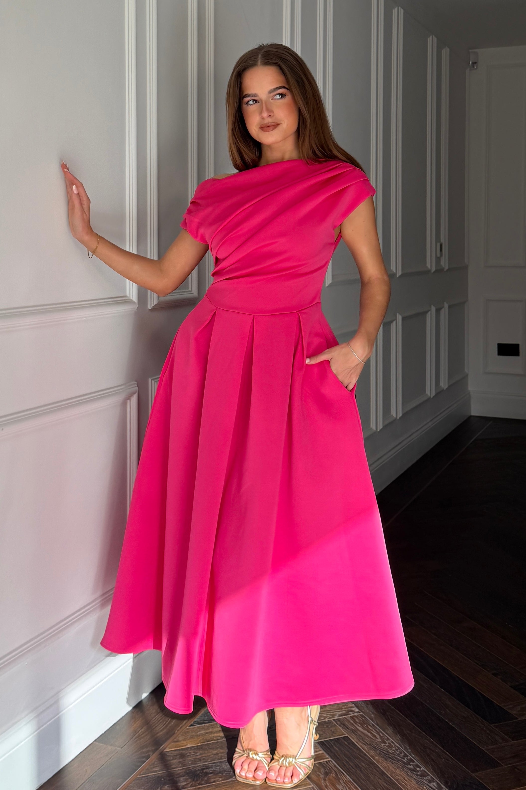 Betty Asymmetric Neckline Skater Midi  Hot Pink