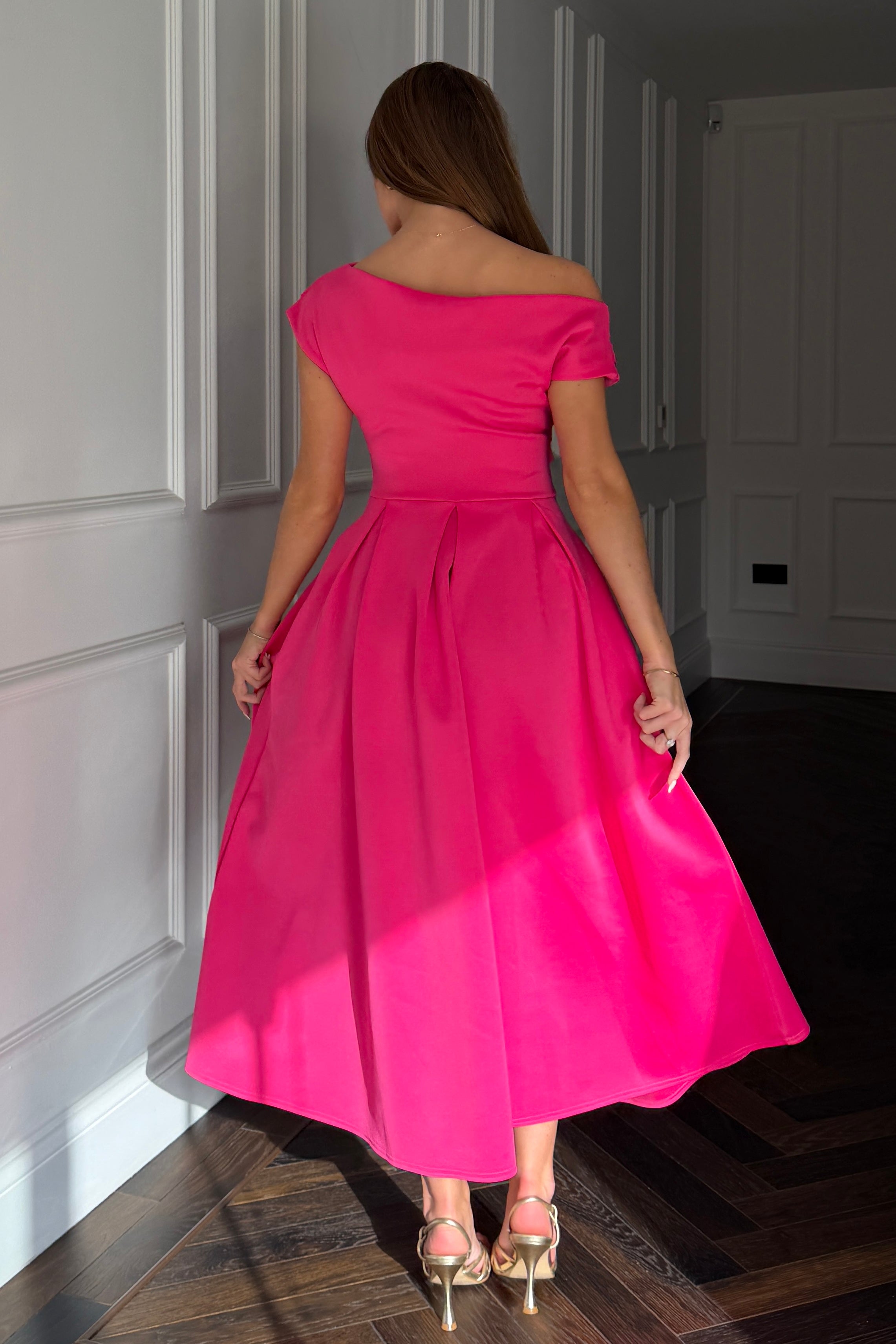 Betty Asymmetric Neckline Skater Midi  Hot Pink