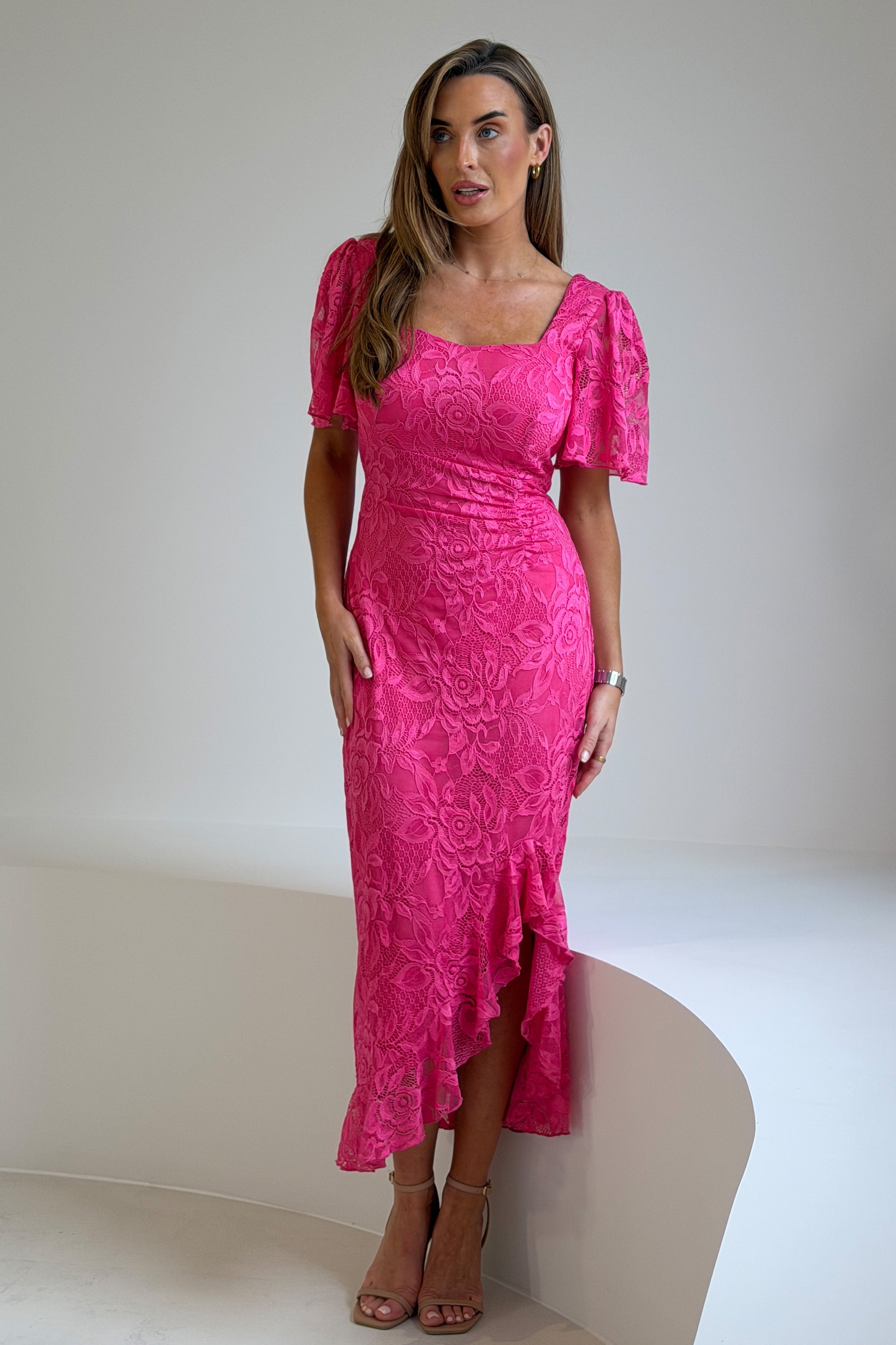Heidi Lace Ruched Midi Dress Pink