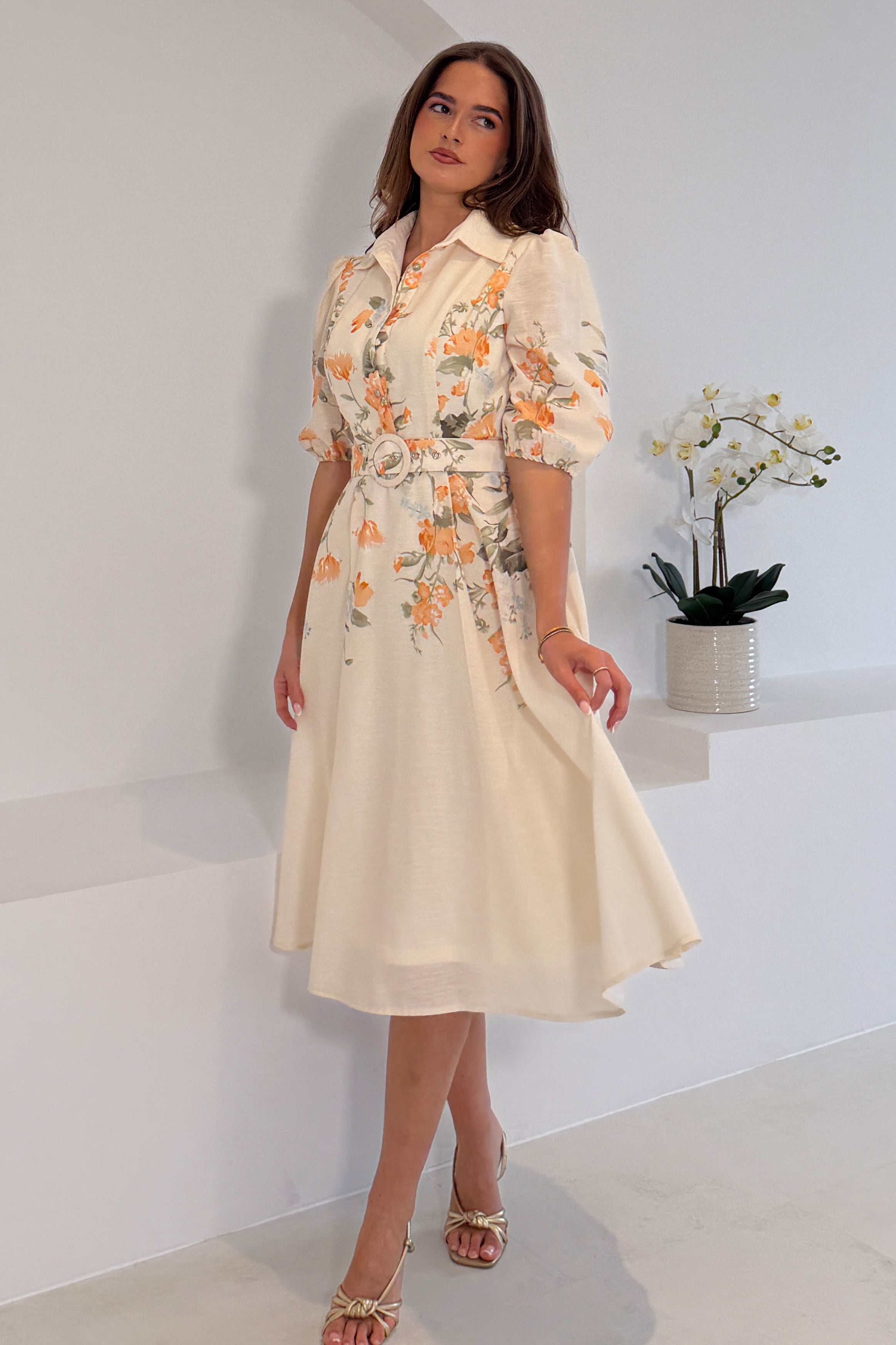 Renata Floral Boarder Print Print Midi Dress Cream
