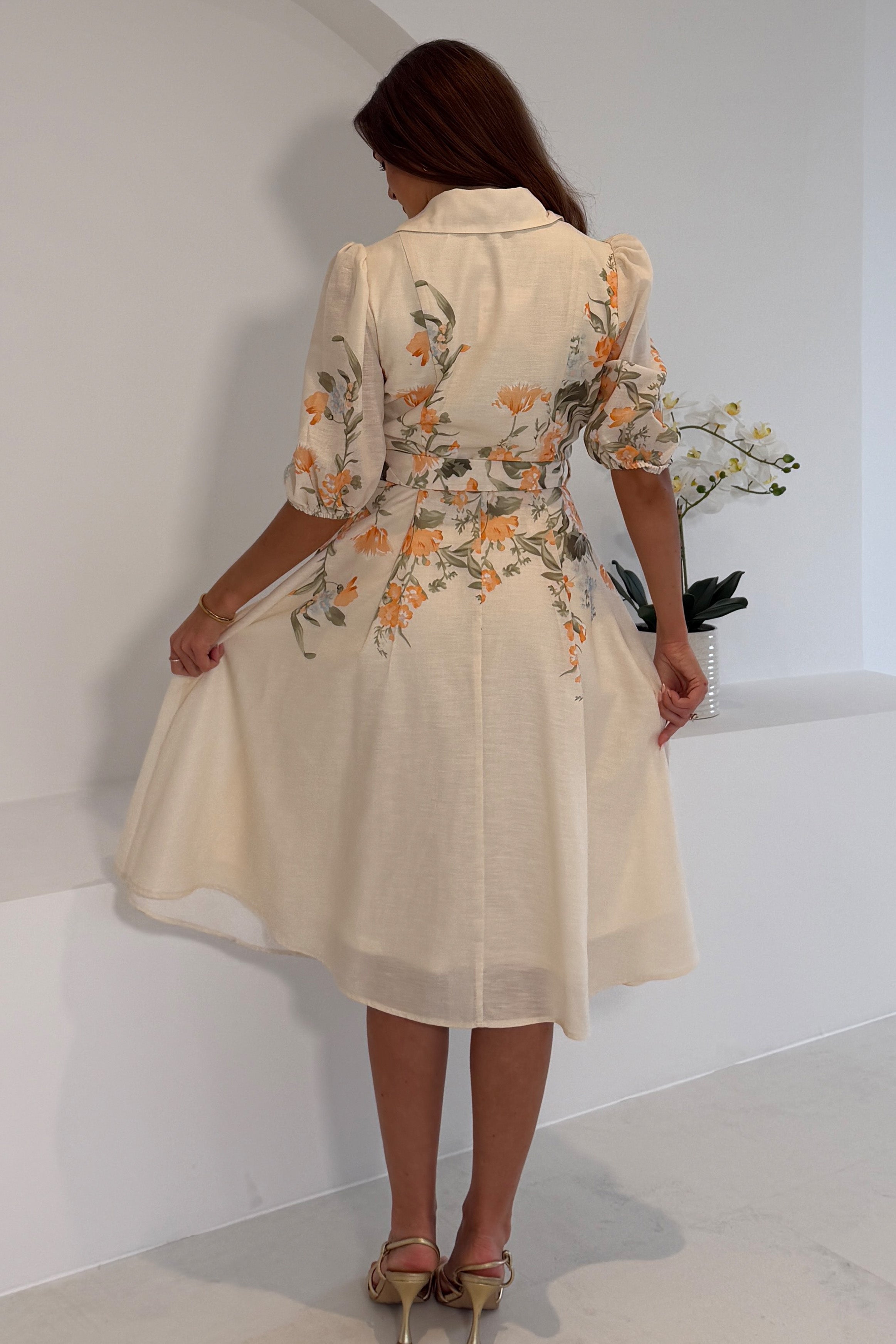 Renata Floral Boarder Print Print Midi Dress Cream