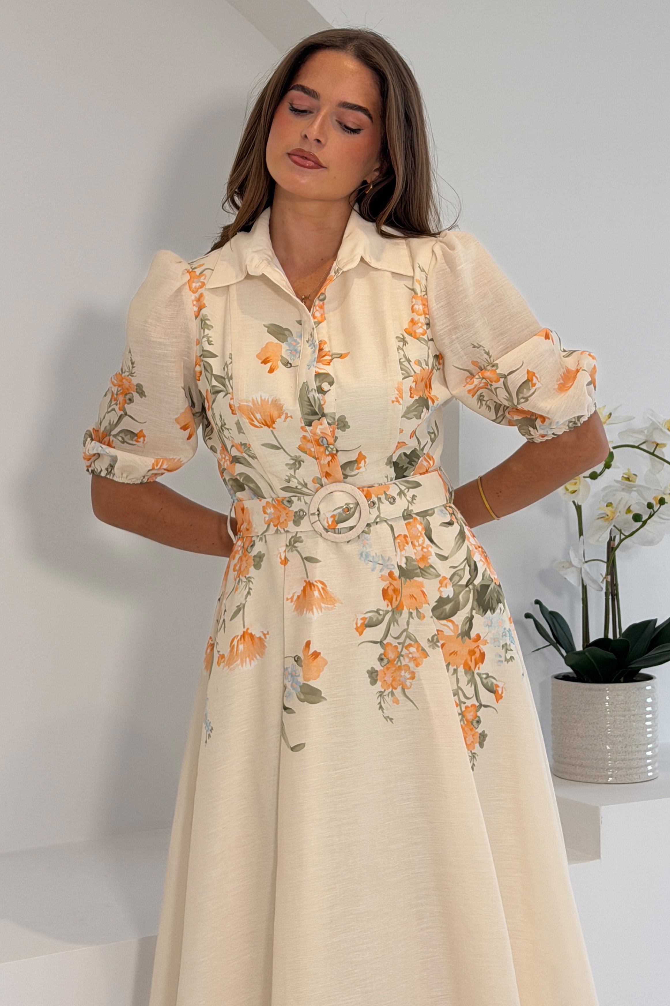 Renata Floral Boarder Print Print Midi Dress Cream