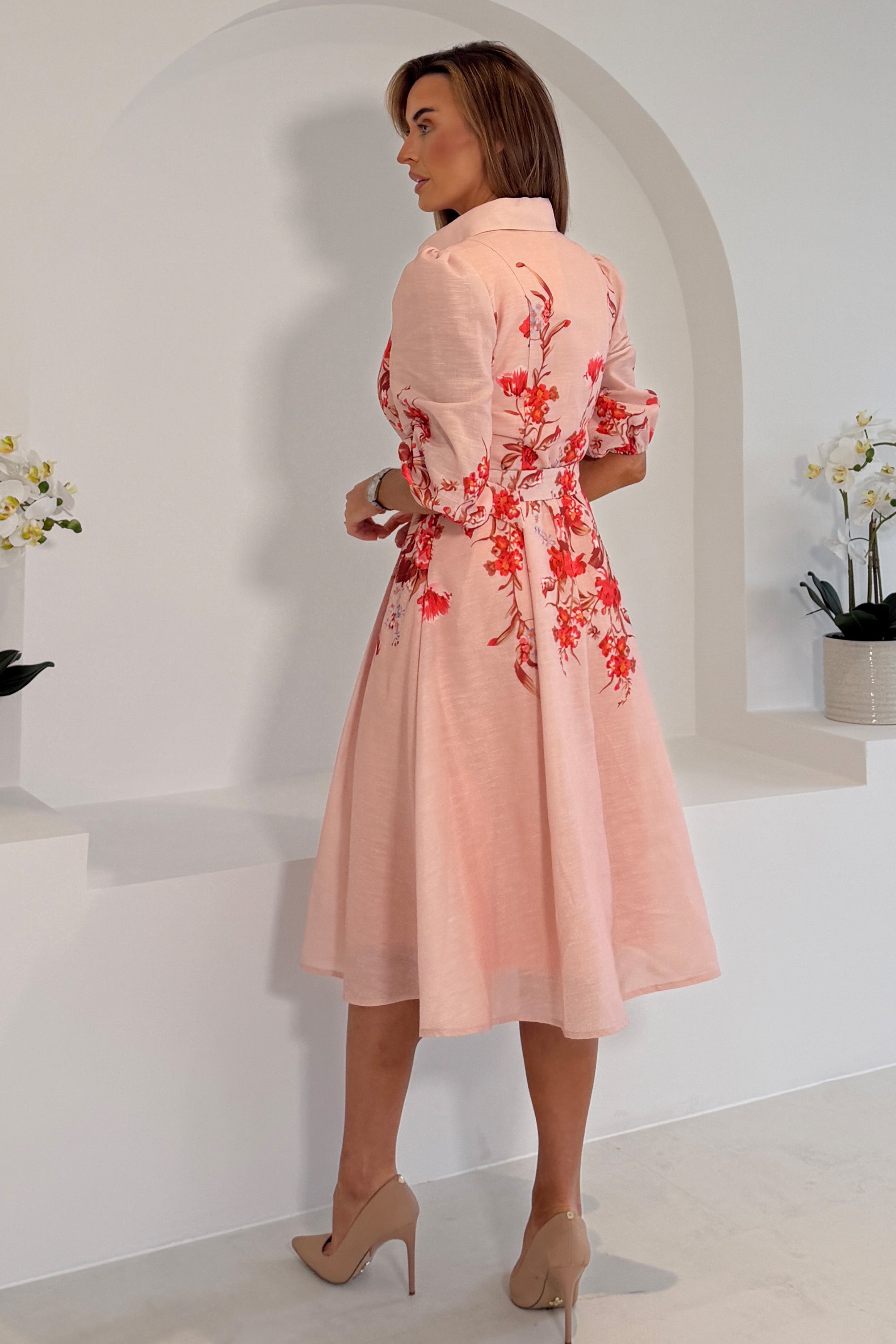 Renata Floral Boarder Print Print Midi Dress Pink