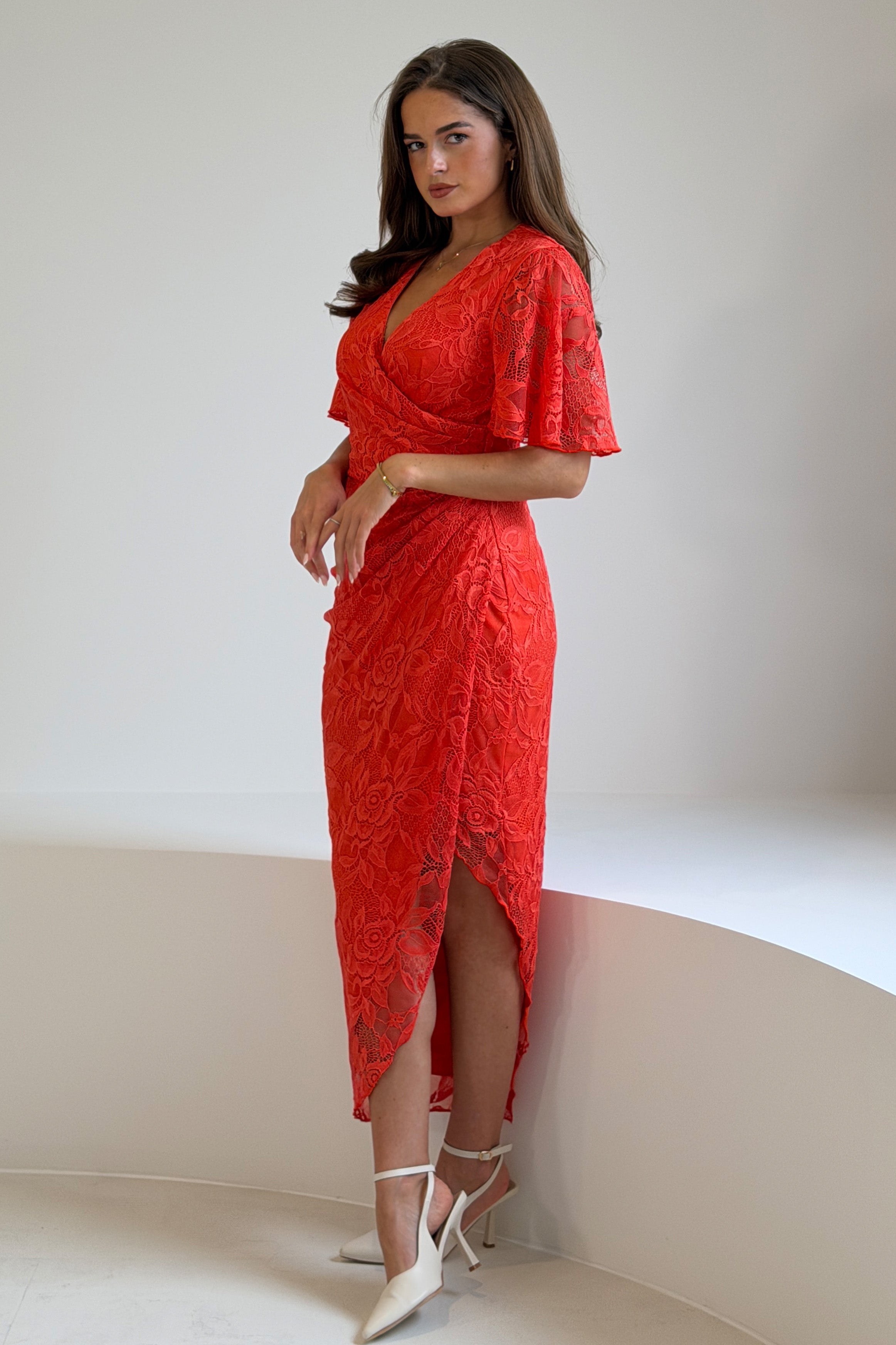 Natasha Angel Sleeve Wrap Midi Dress In Orange Lace