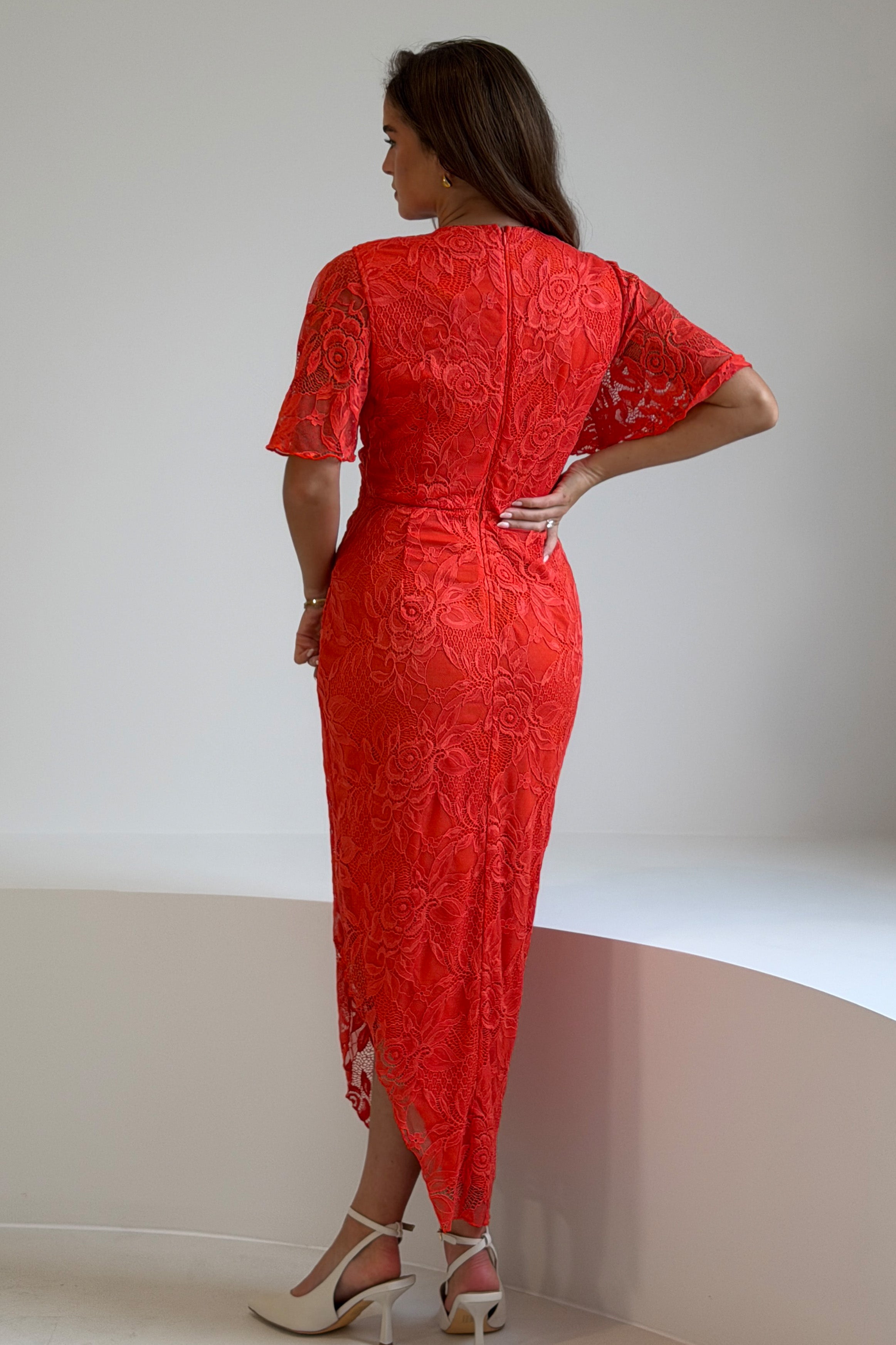 Natasha Angel Sleeve Wrap Midi Dress In Orange Lace