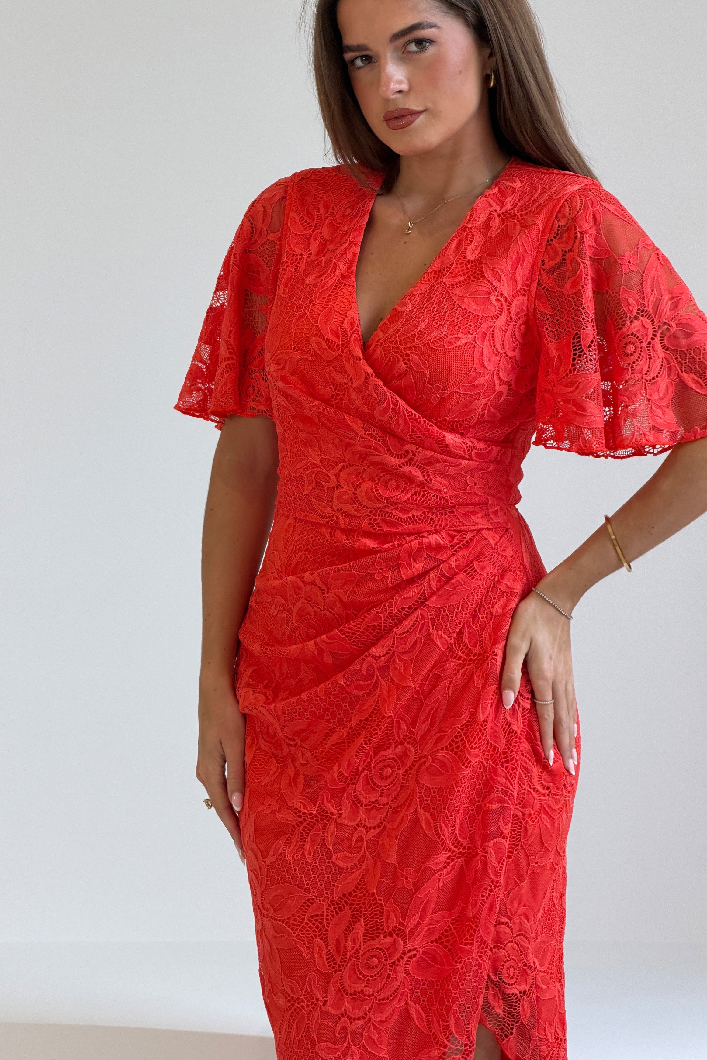 Natasha Angel Sleeve Wrap Midi Dress In Orange Lace