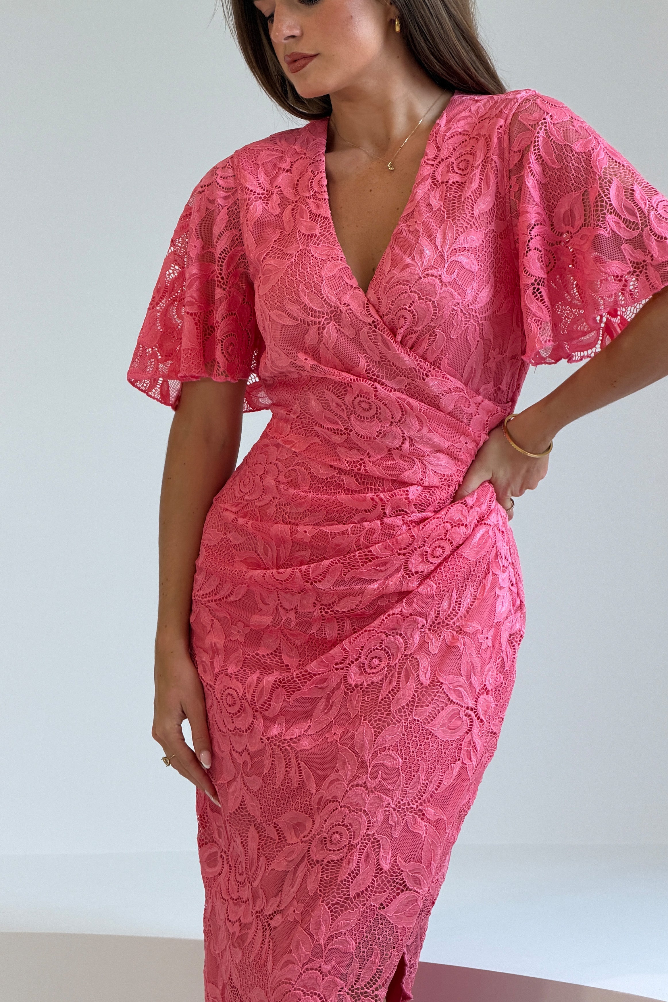 Natasha Angel Sleeve Wrap Midi Dress In Pink Lace