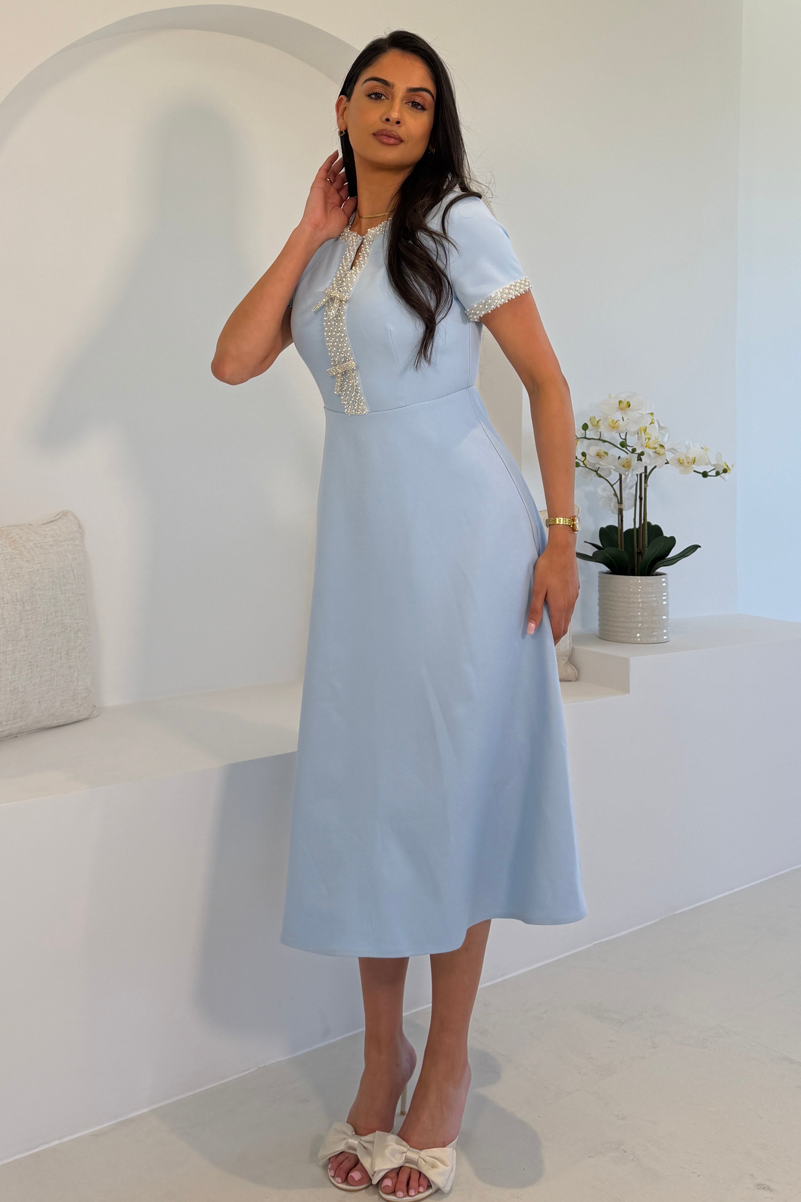 Natalia Beaded Bow Midi Dress Blue