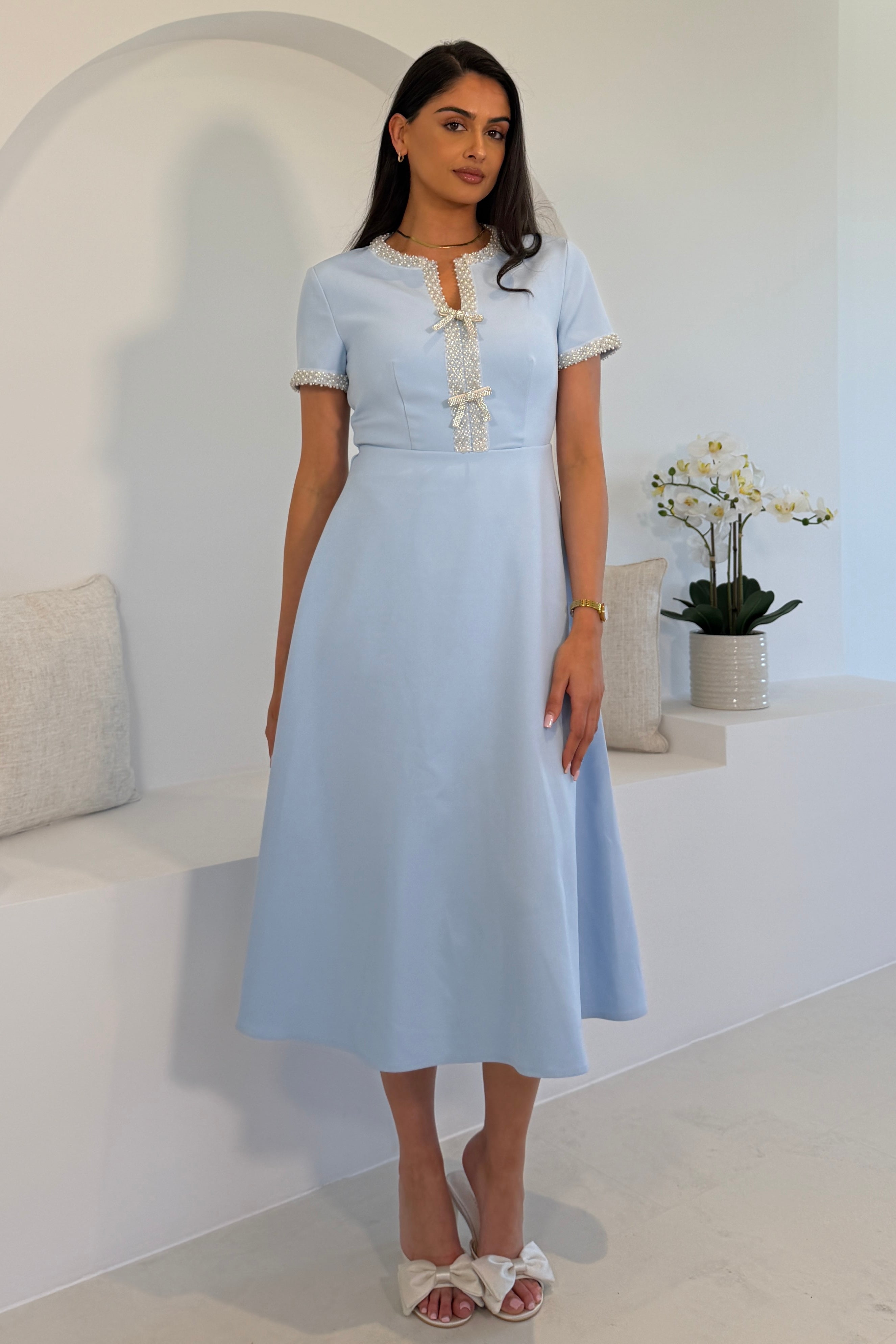 Natalia Beaded Bow Midi Dress Blue