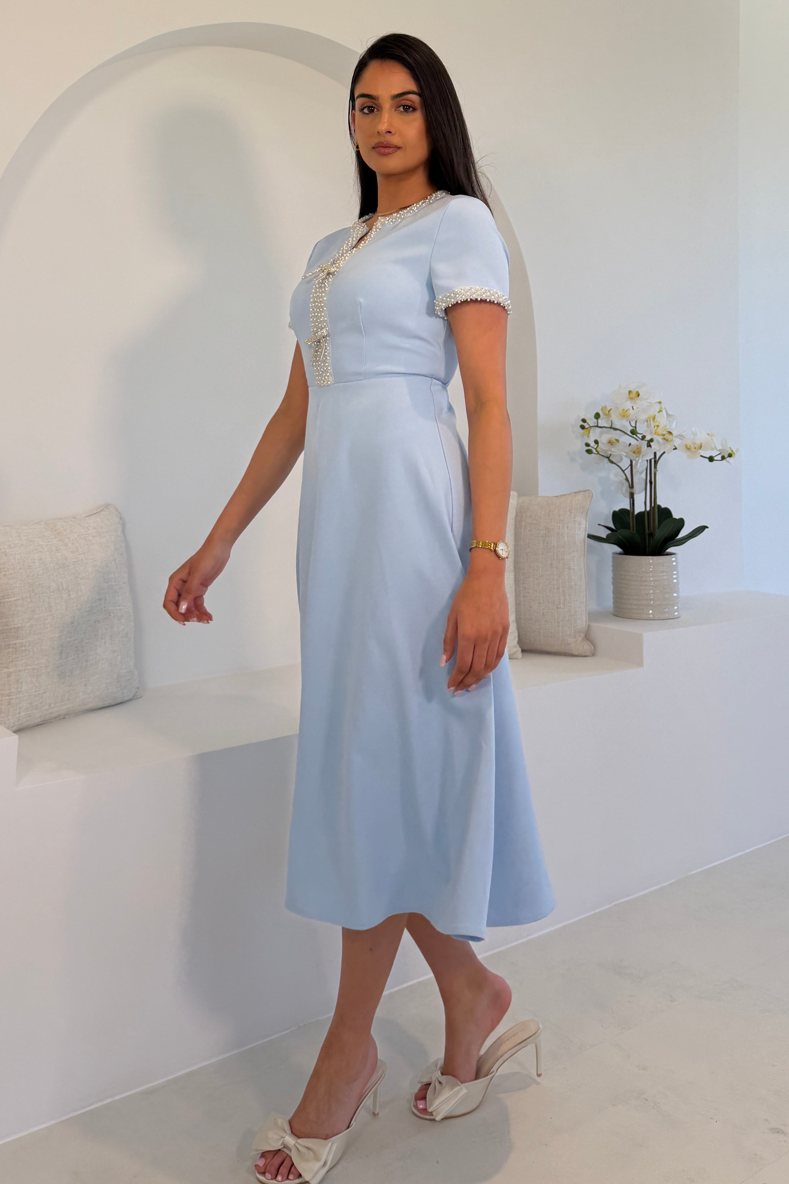 Natalia Beaded Bow Midi Dress Blue