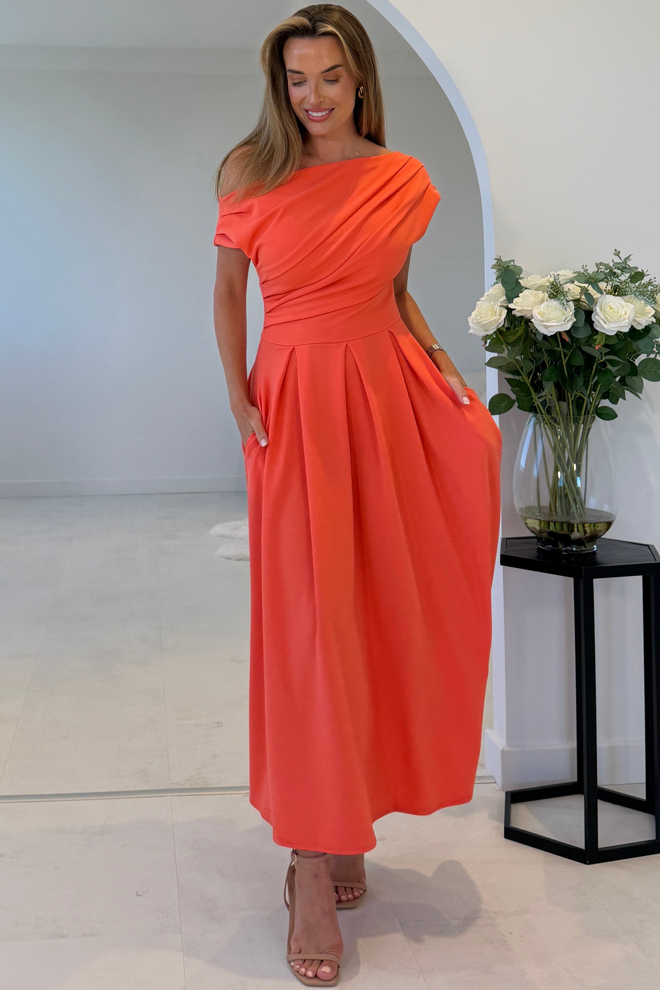 Dollie Asymmetric Neckline Skater Midi Dress Orange