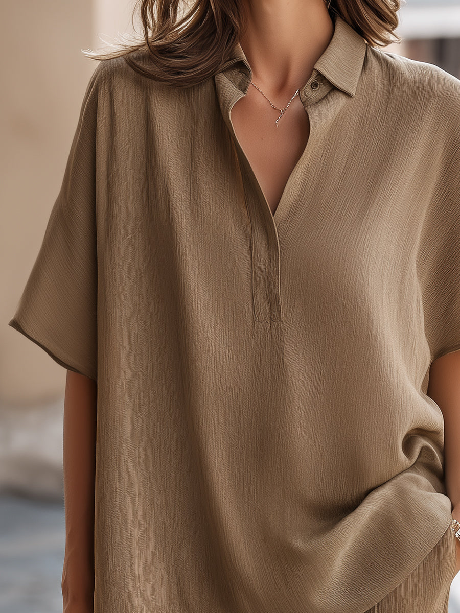 Léon Varel Relaxed Textured Short Sleeve V-Neck Blouse