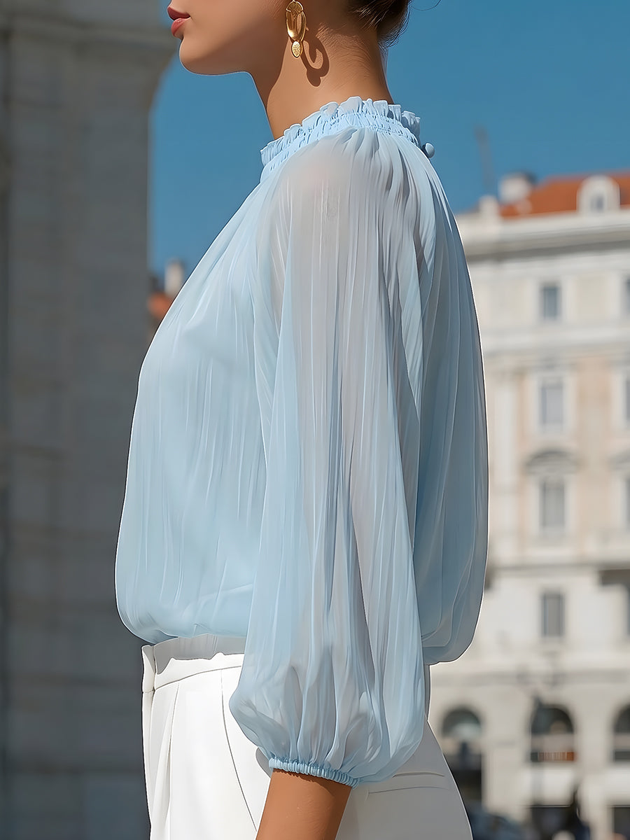 Léon Varel Sheer Pleated High-Neck Blouson Sleeve Blouse