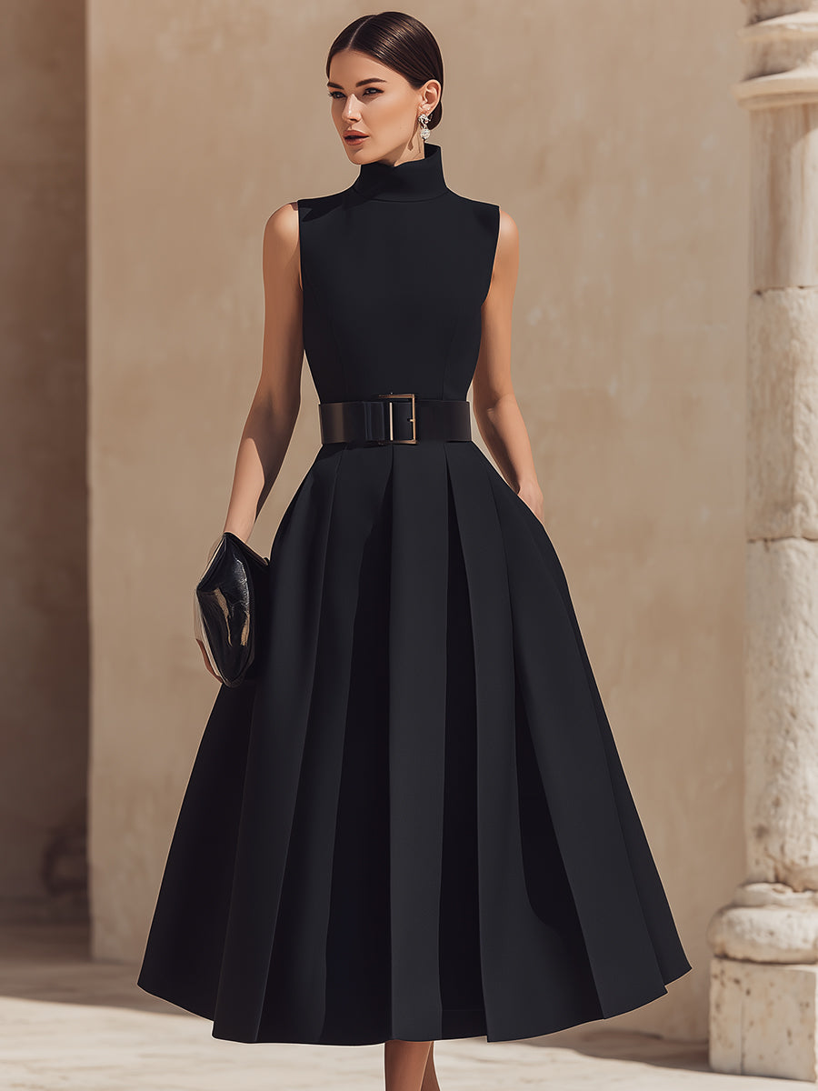 Léon Varel Belted High-Neck Pleated Maxi Dress