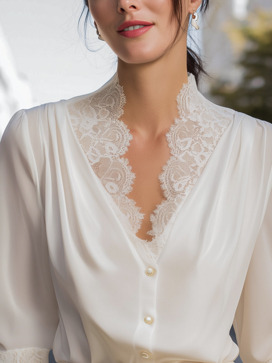Léon Varel Lace-Trimmed V-Neck Chiffon Button-Up Blouse