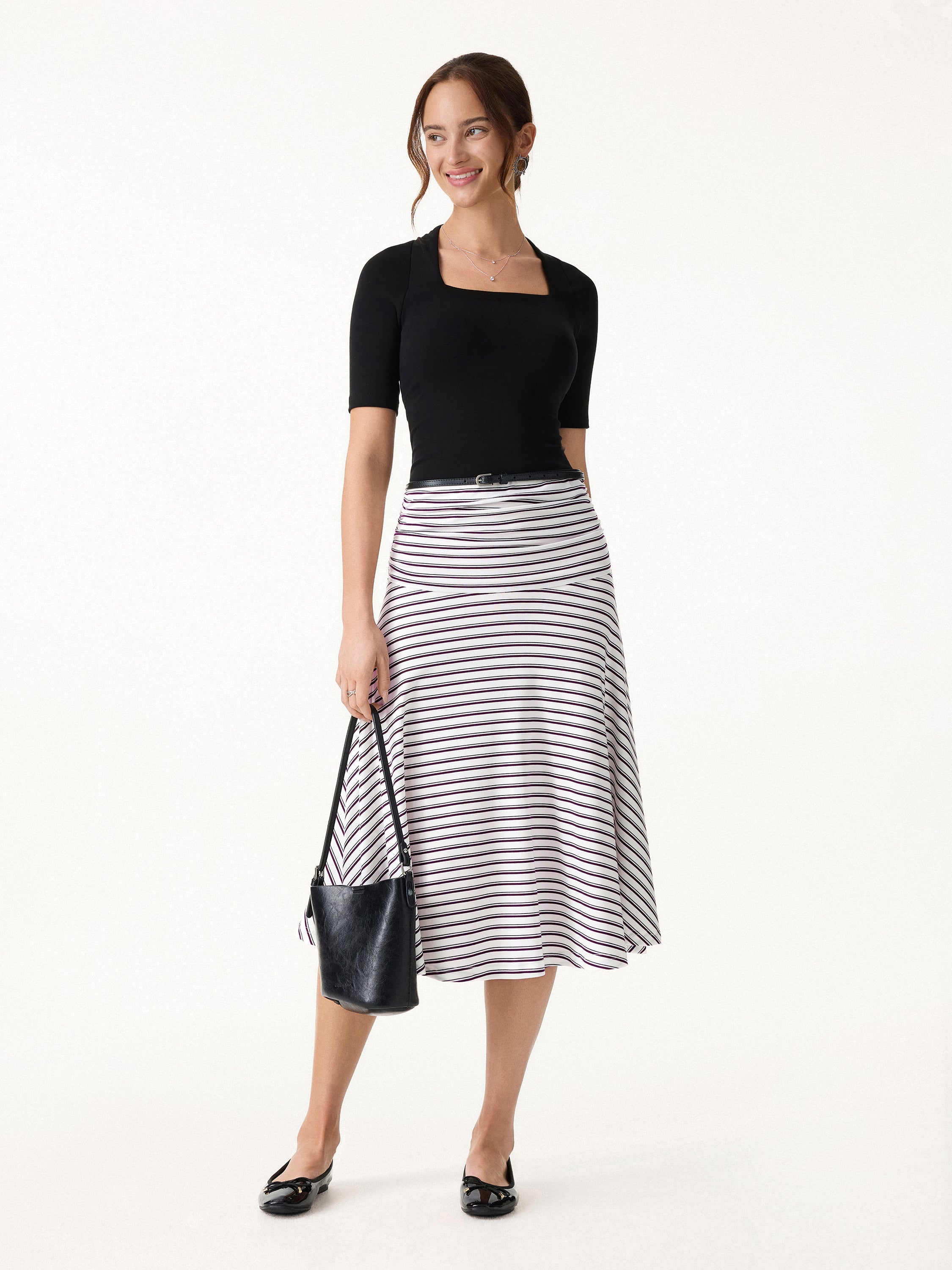 Flowy Striped Circle Flare Ruched Midi Skirt