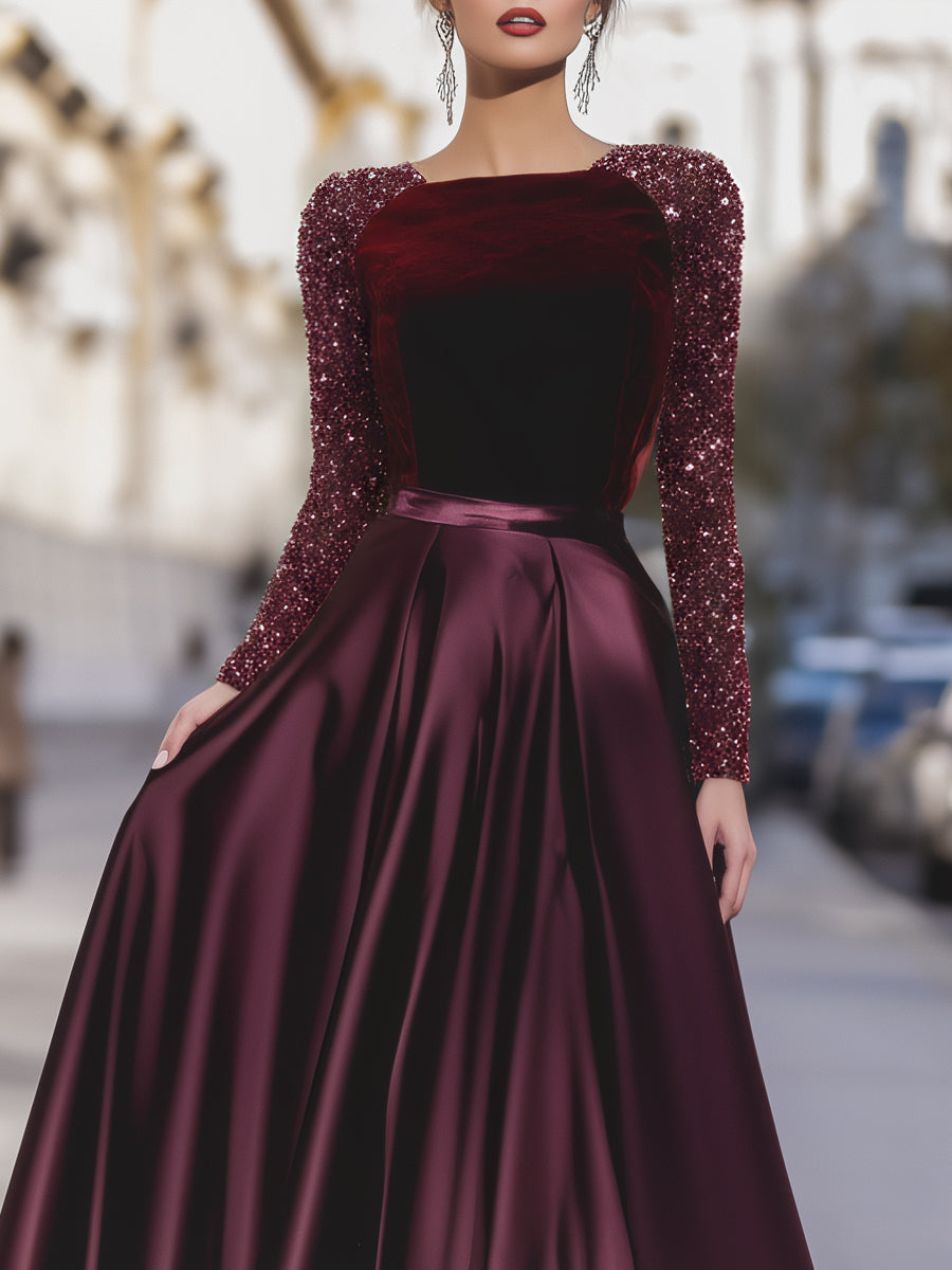 Léon Varel Velvet Sequin Sleeve Gown With Satin Skirt
