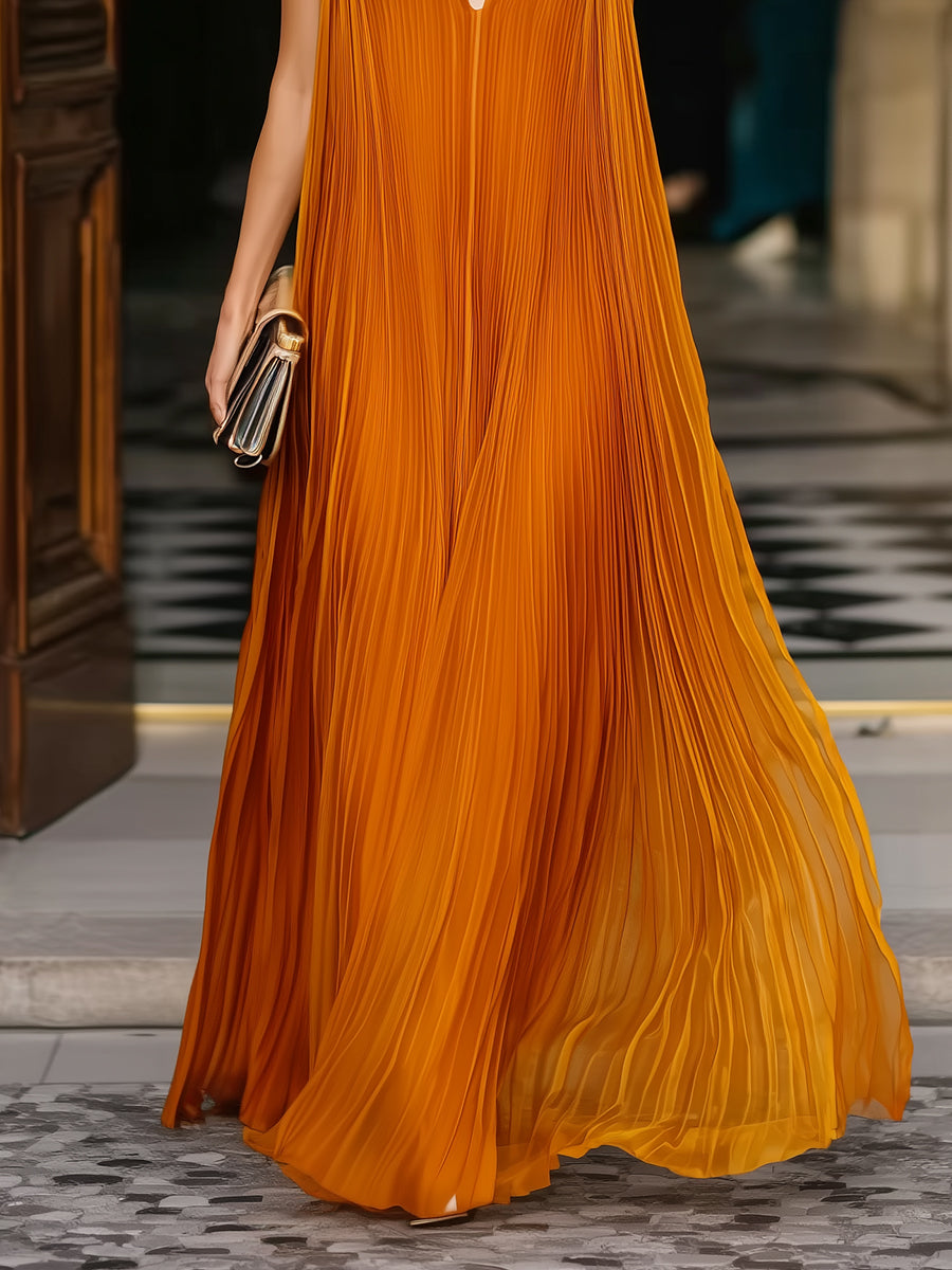 Léon Varel Deep V-Neck Pleated Flowing Maxi Dress